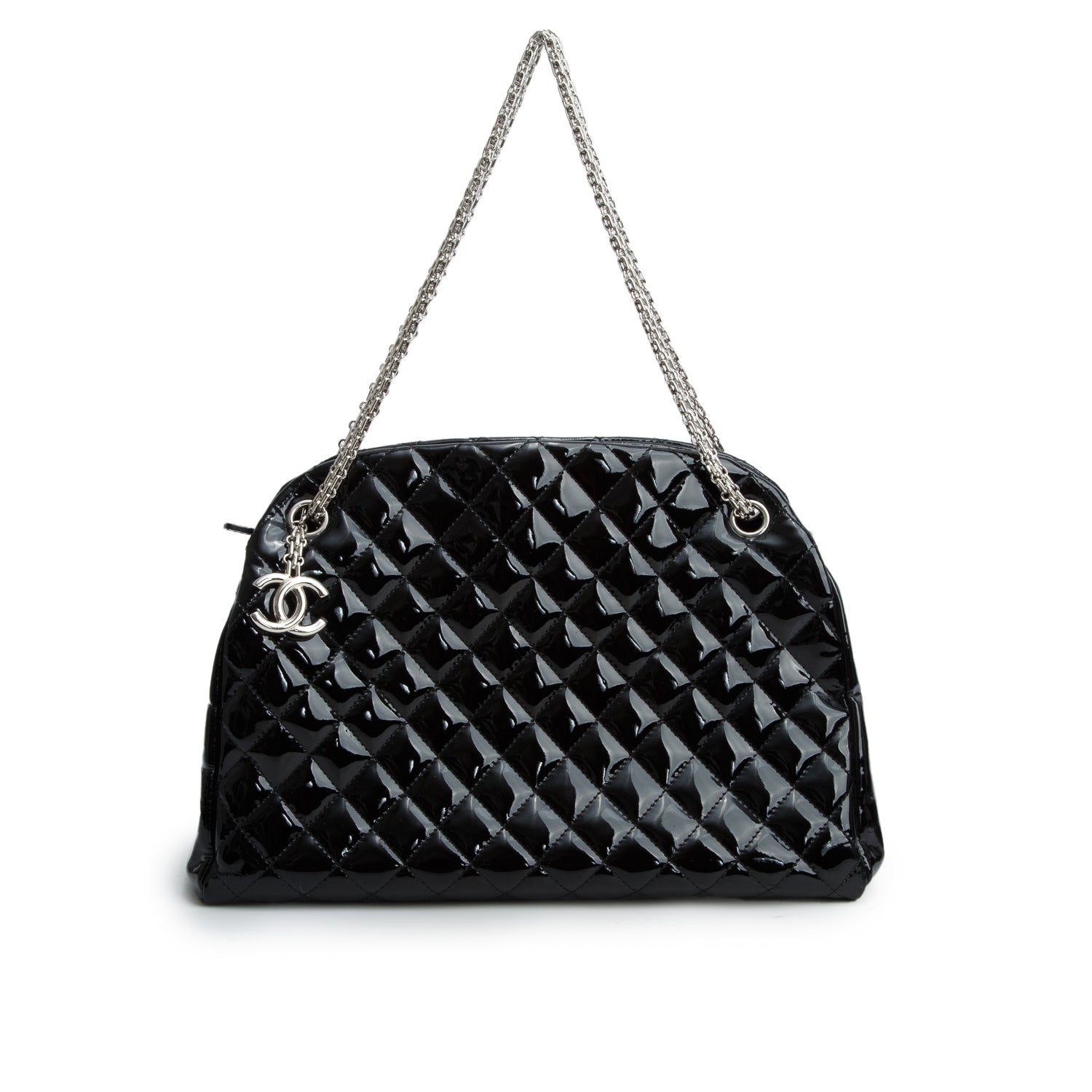Chanel Black Patent Leather Just Mademoiselle Large Bowler Bag w/ Authenticity Card