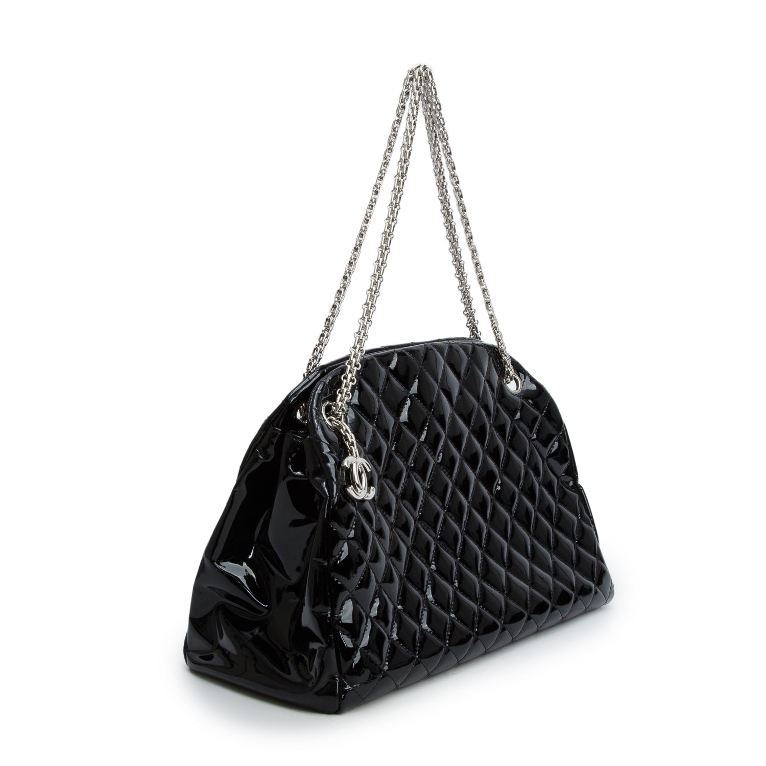 Chanel Black Patent Leather Just Mademoiselle Large Bowler Bag w/ Authenticity Card