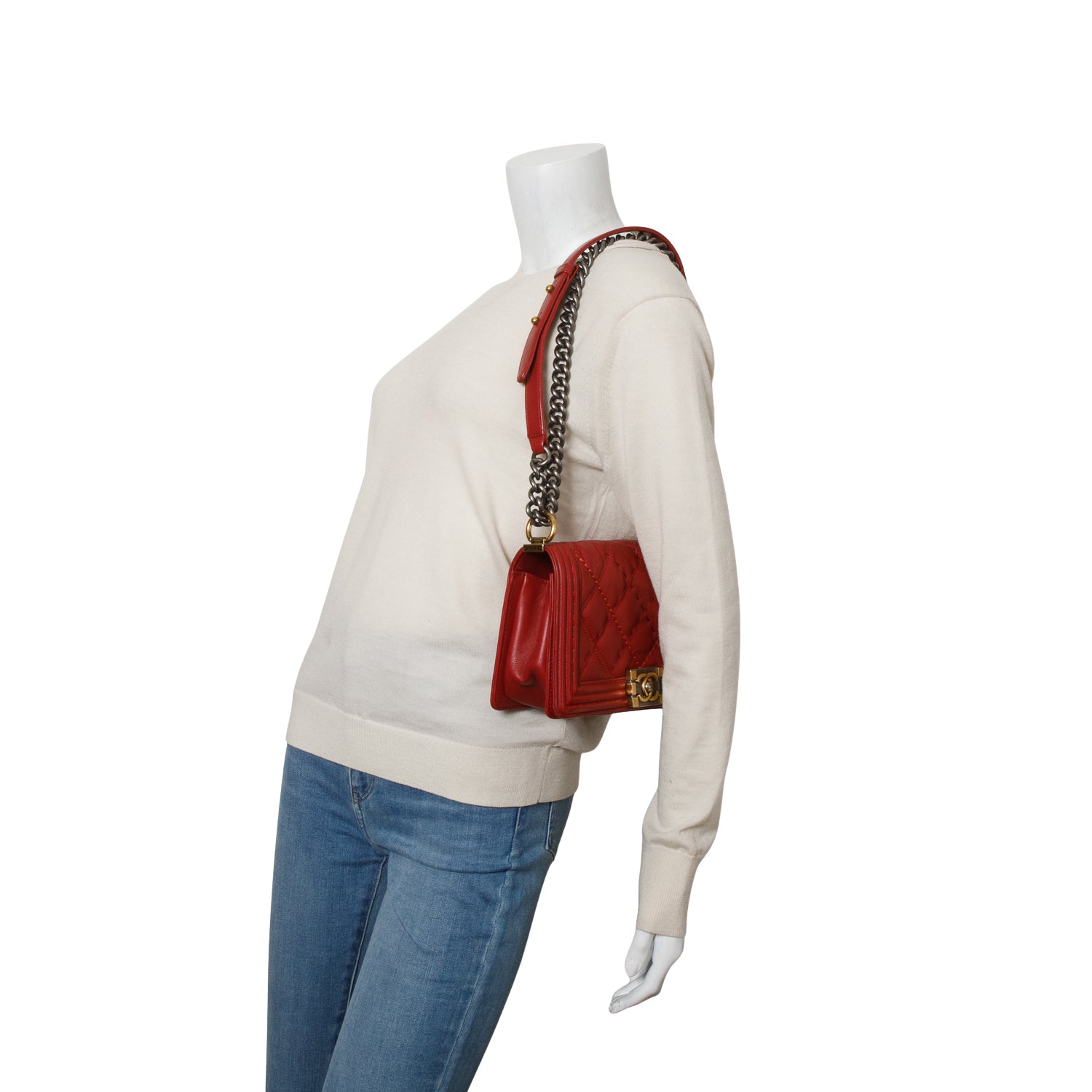 Chanel Red Lambskin Quilted Double Stitch Medium Boy Flap