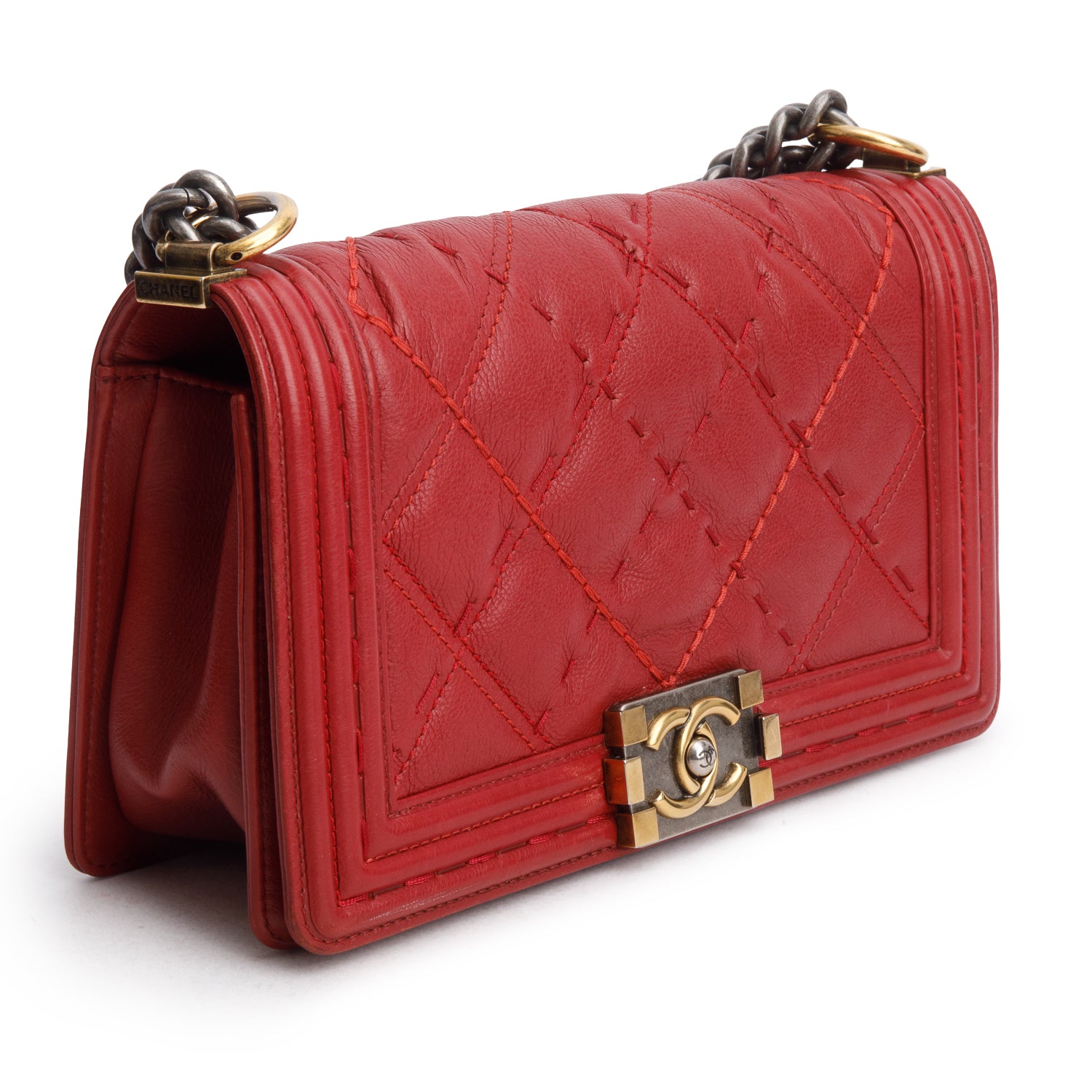Chanel Red Lambskin Quilted Double Stitch Medium Boy Flap