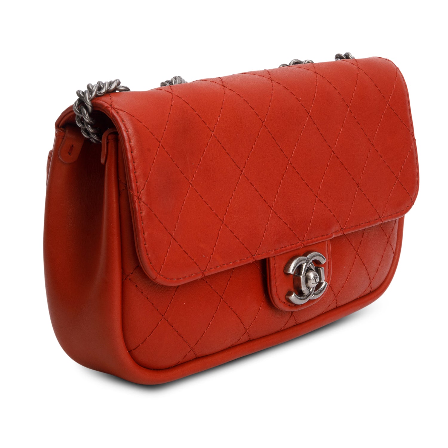 Chanel Red Leather Lambskin Quilted Single Flap Bag w/ Authenticity Card