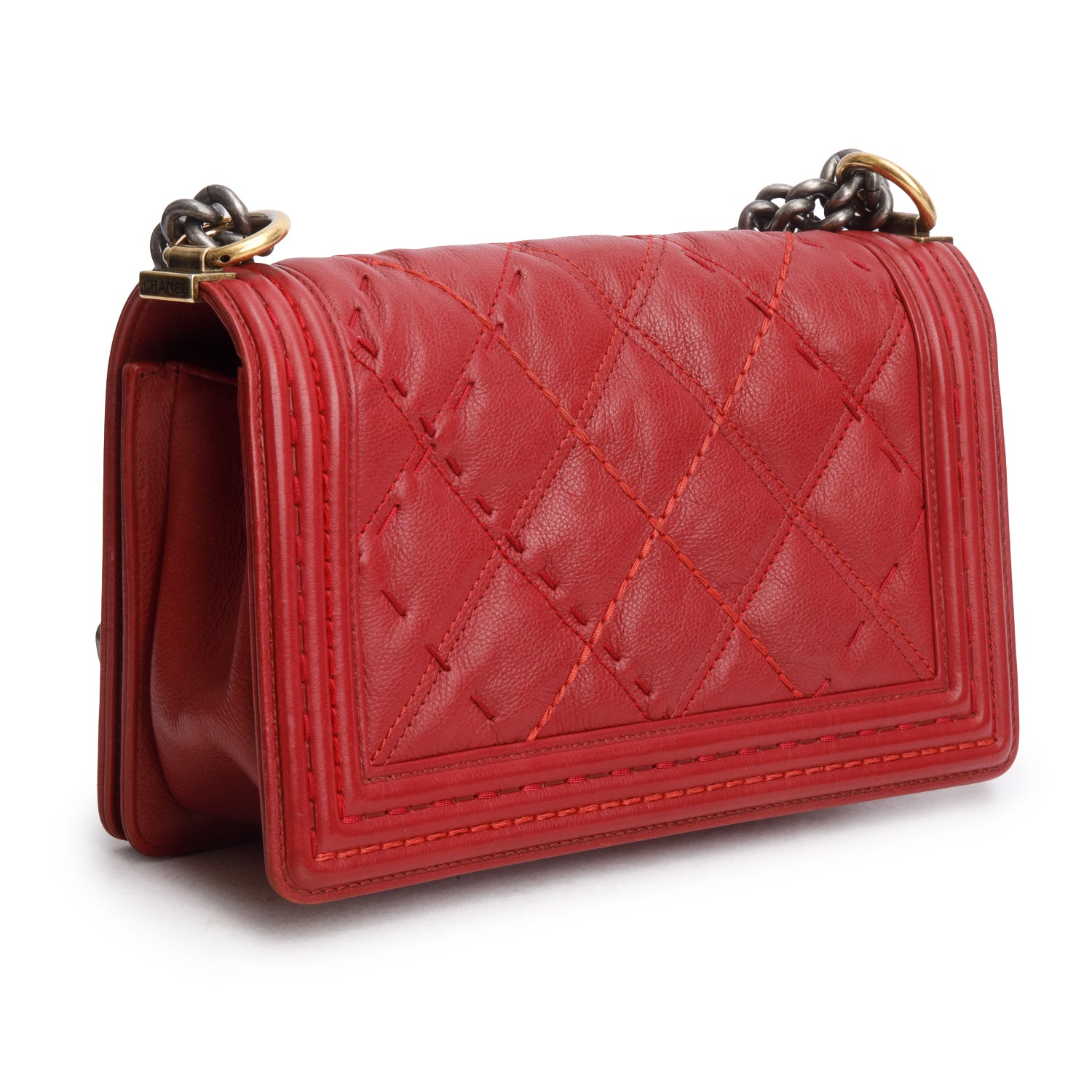 Chanel Red Lambskin Quilted Double Stitch Medium Boy Flap