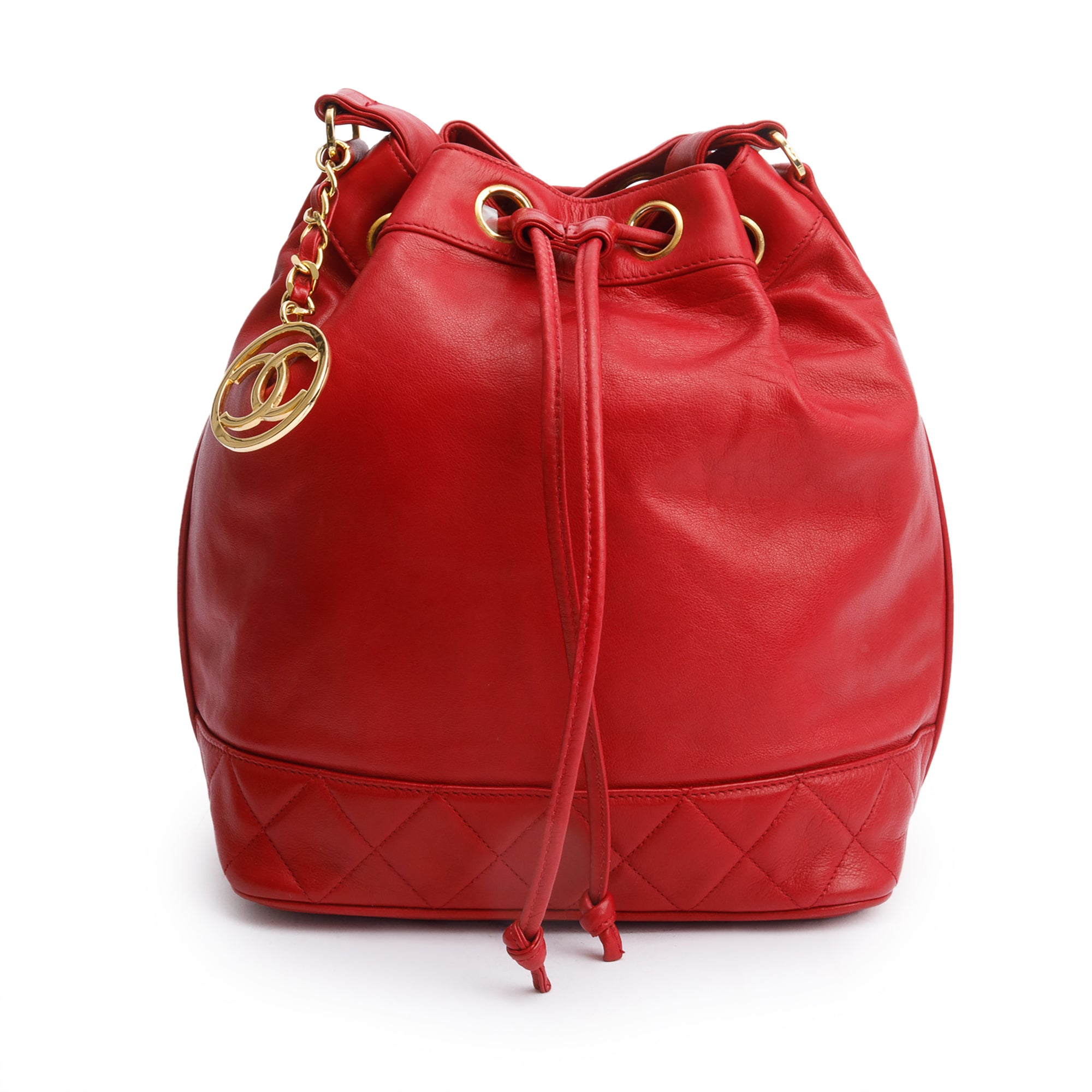 Chanel Red Lambskin Leather Quilted CC Bucket Bag w/ Pouch