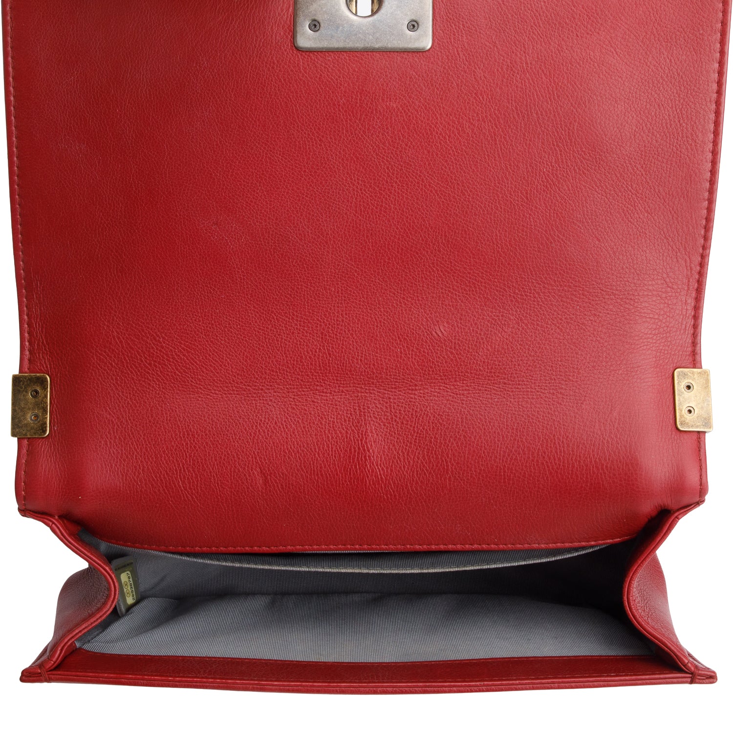 Chanel Red Lambskin Quilted Double Stitch Medium Boy Flap