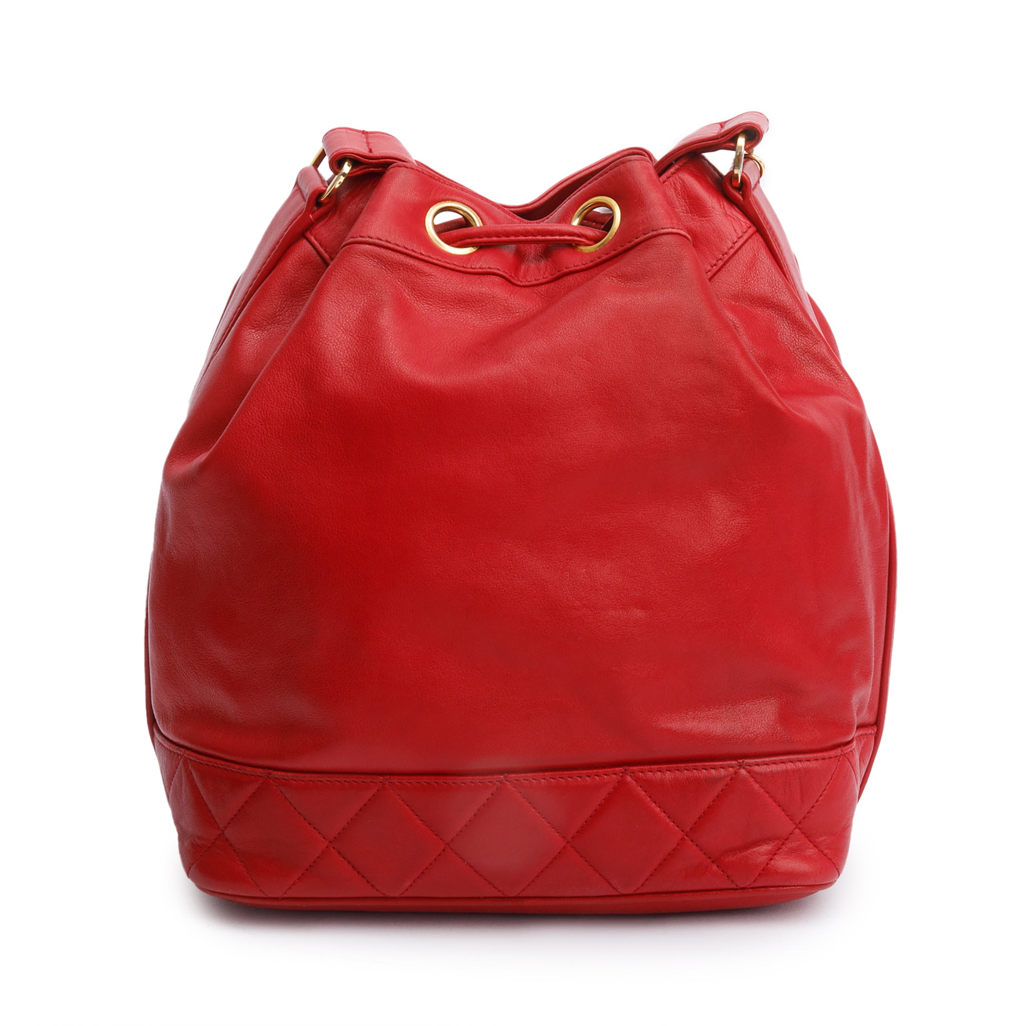 Chanel Red Lambskin Leather Quilted CC Bucket Bag w/ Pouch