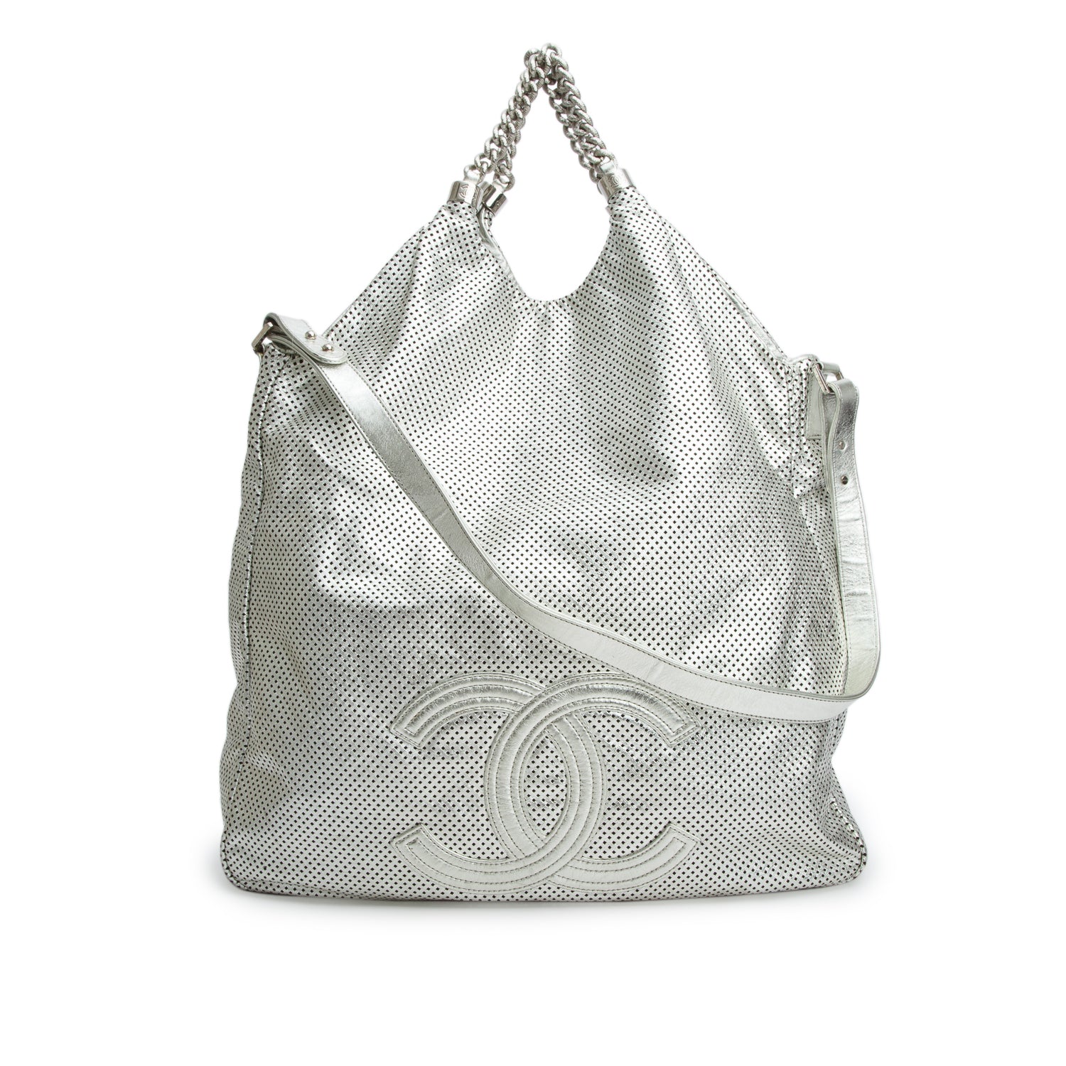 Chanel Silver Metallic Glazed Calfskin Perforated Rodeo Drive Hobo w/ Strap