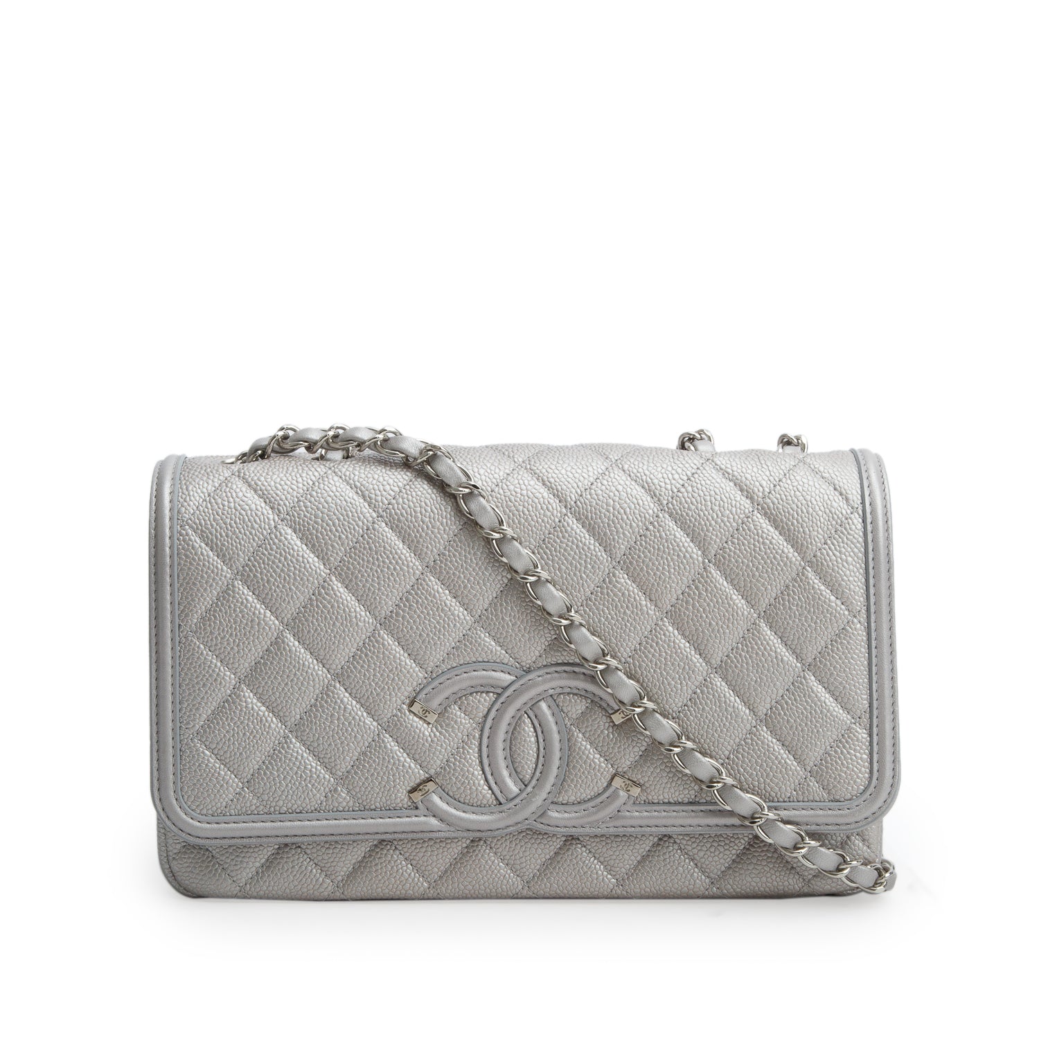 Chanel Silver Metallic Caviar Quilted Leather Medium CC Filigree Flap w/ Authenticity Card