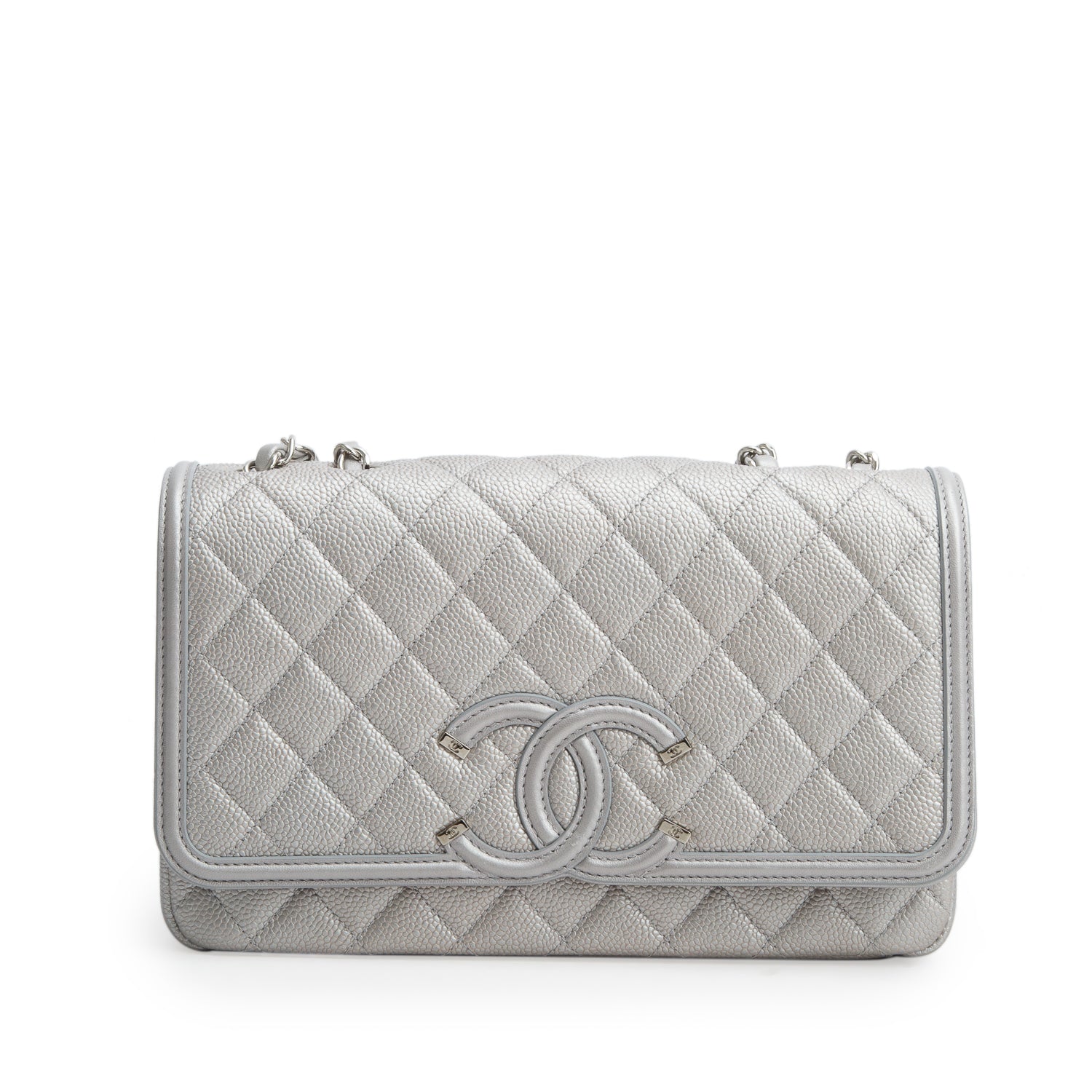 Chanel Silver Metallic Caviar Quilted Leather Medium CC Filigree Flap w/ Authenticity Card