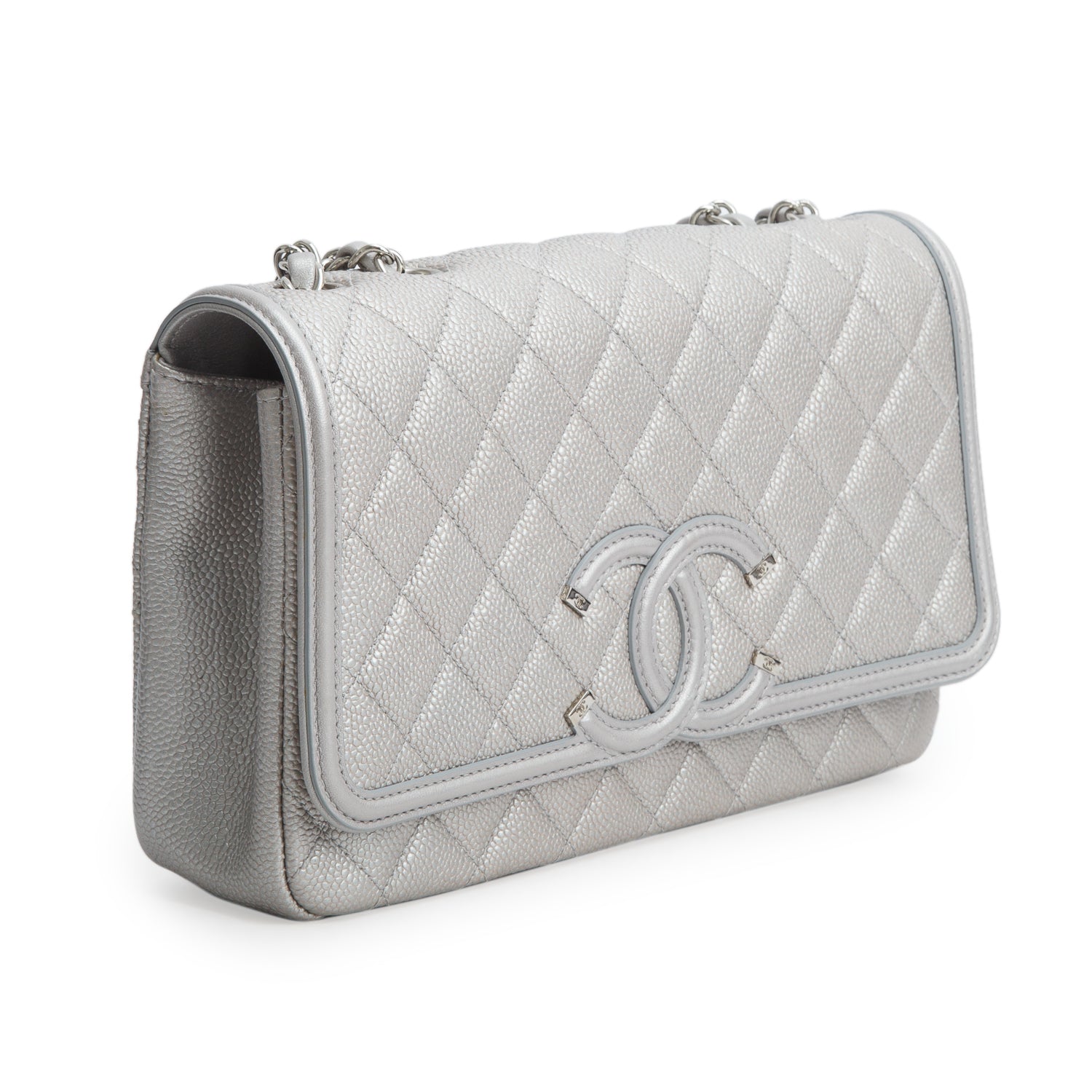 Chanel Silver Metallic Caviar Quilted Leather Medium CC Filigree Flap w/ Authenticity Card