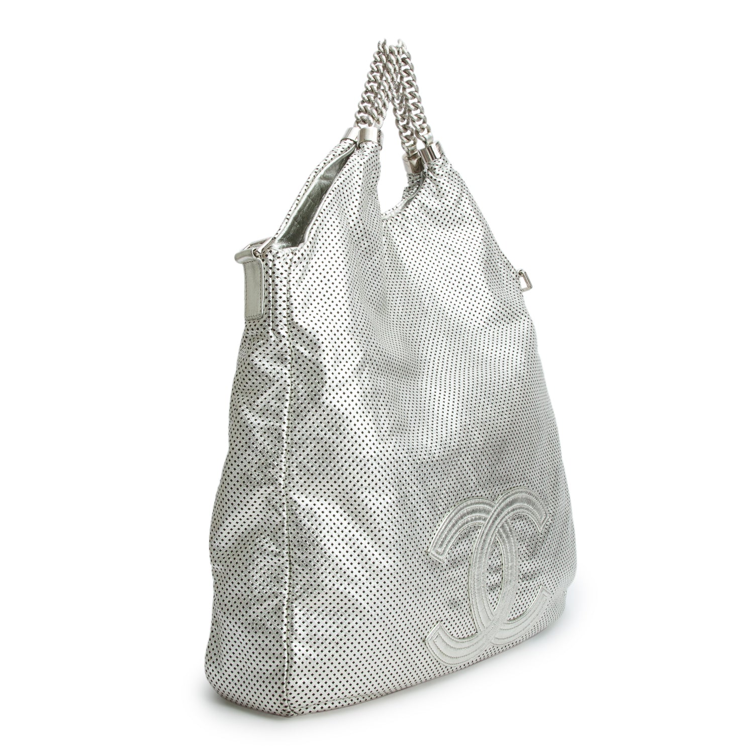 Chanel Silver Metallic Glazed Calfskin Perforated Rodeo Drive Hobo w/ Strap