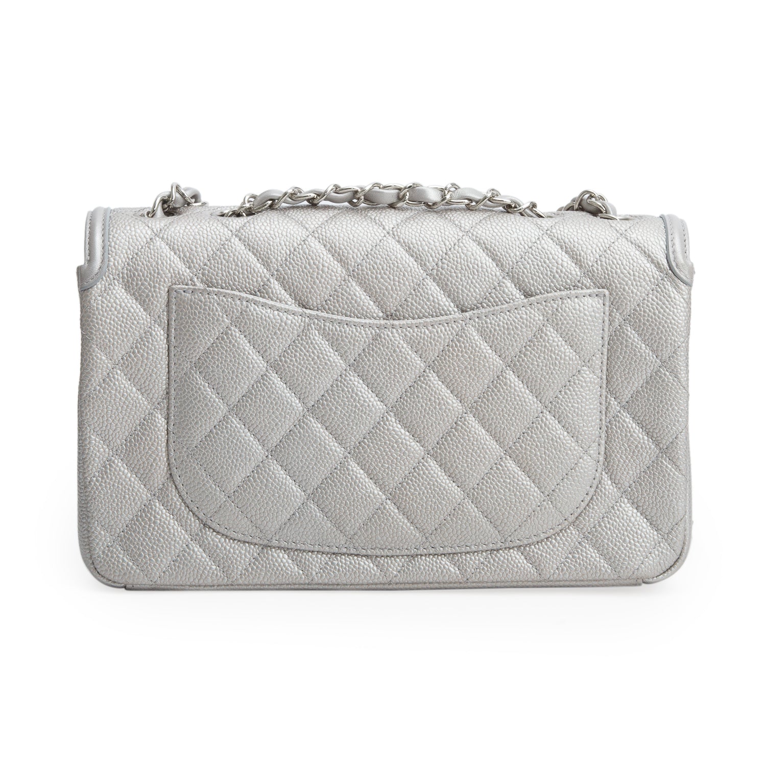Chanel Silver Metallic Caviar Quilted Leather Medium CC Filigree Flap w/ Authenticity Card