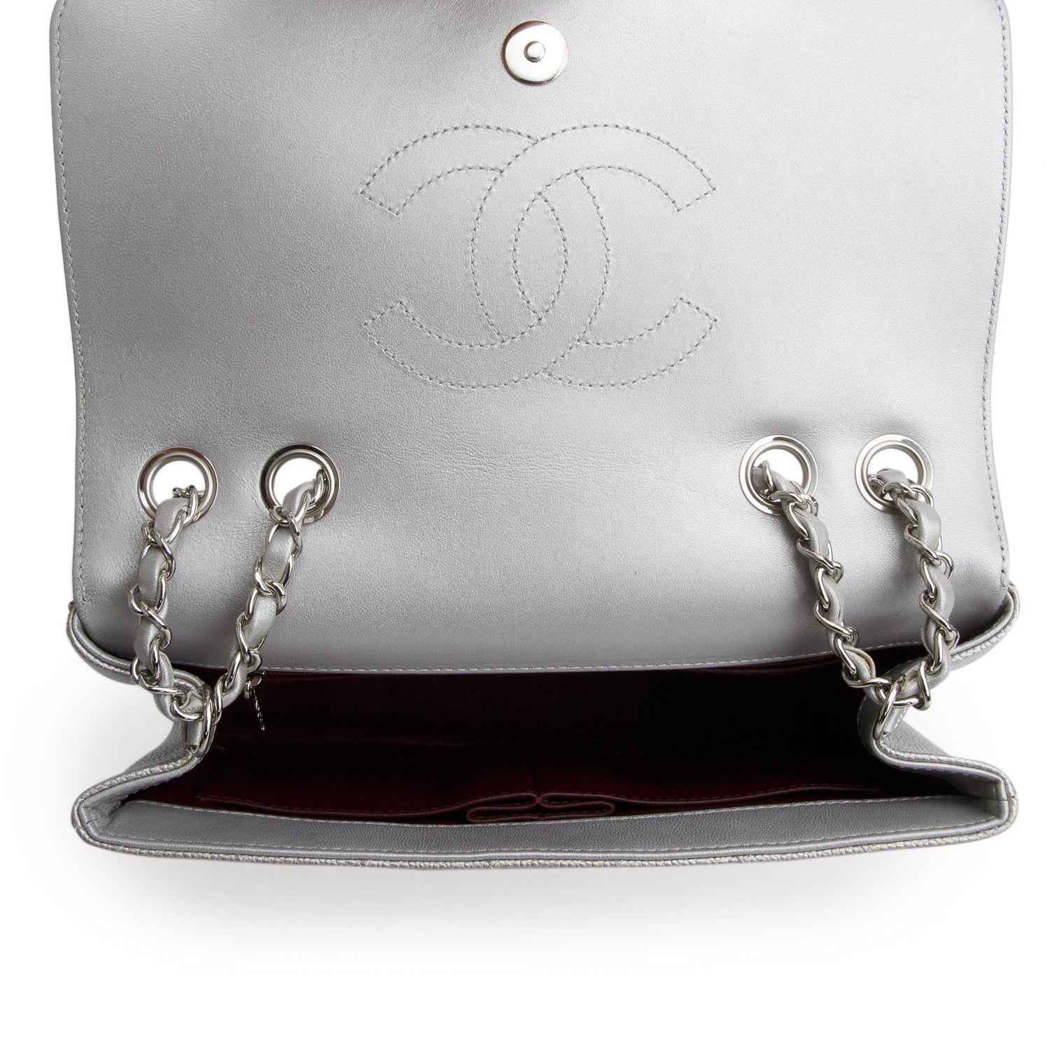 Chanel Silver Metallic Caviar Quilted Leather Medium CC Filigree Flap w/ Authenticity Card