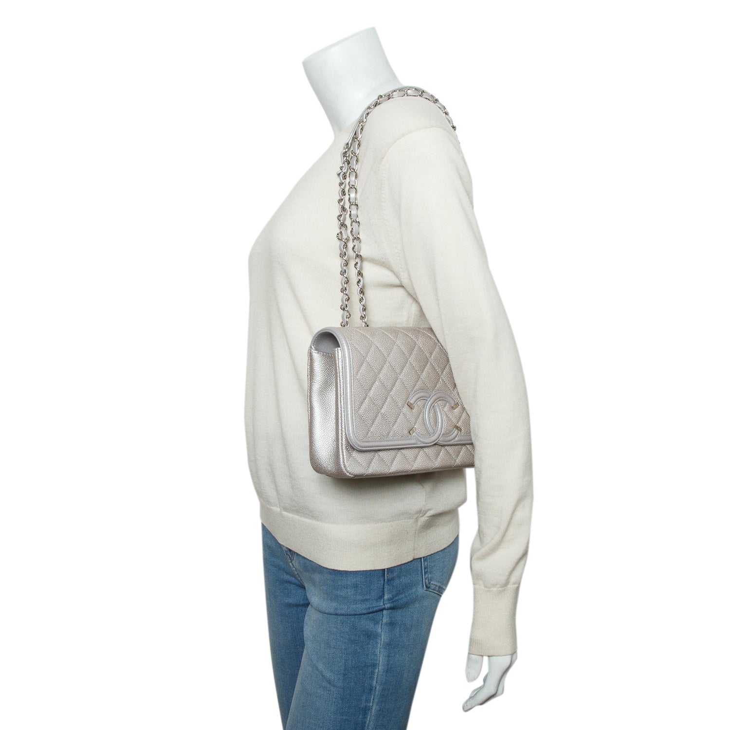 Chanel Silver Metallic Caviar Quilted Leather Medium CC Filigree Flap w/ Authenticity Card