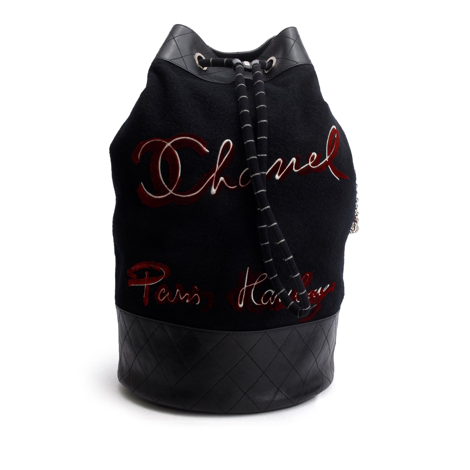 Chanel Black Wool Calfskin Embroidered Paris Hamburg Drawstring Backpack