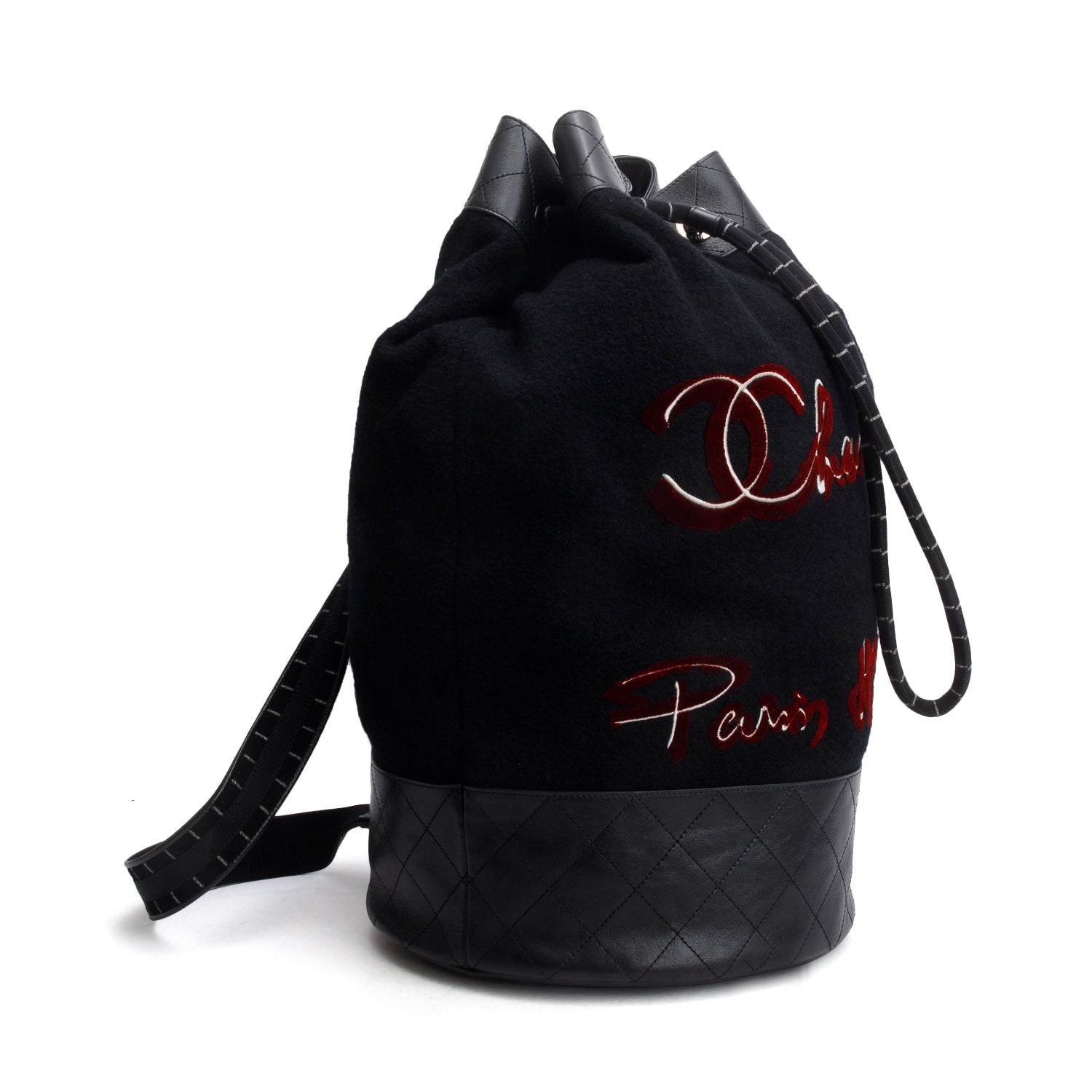 Chanel Black Wool Calfskin Embroidered Paris Hamburg Drawstring Backpack