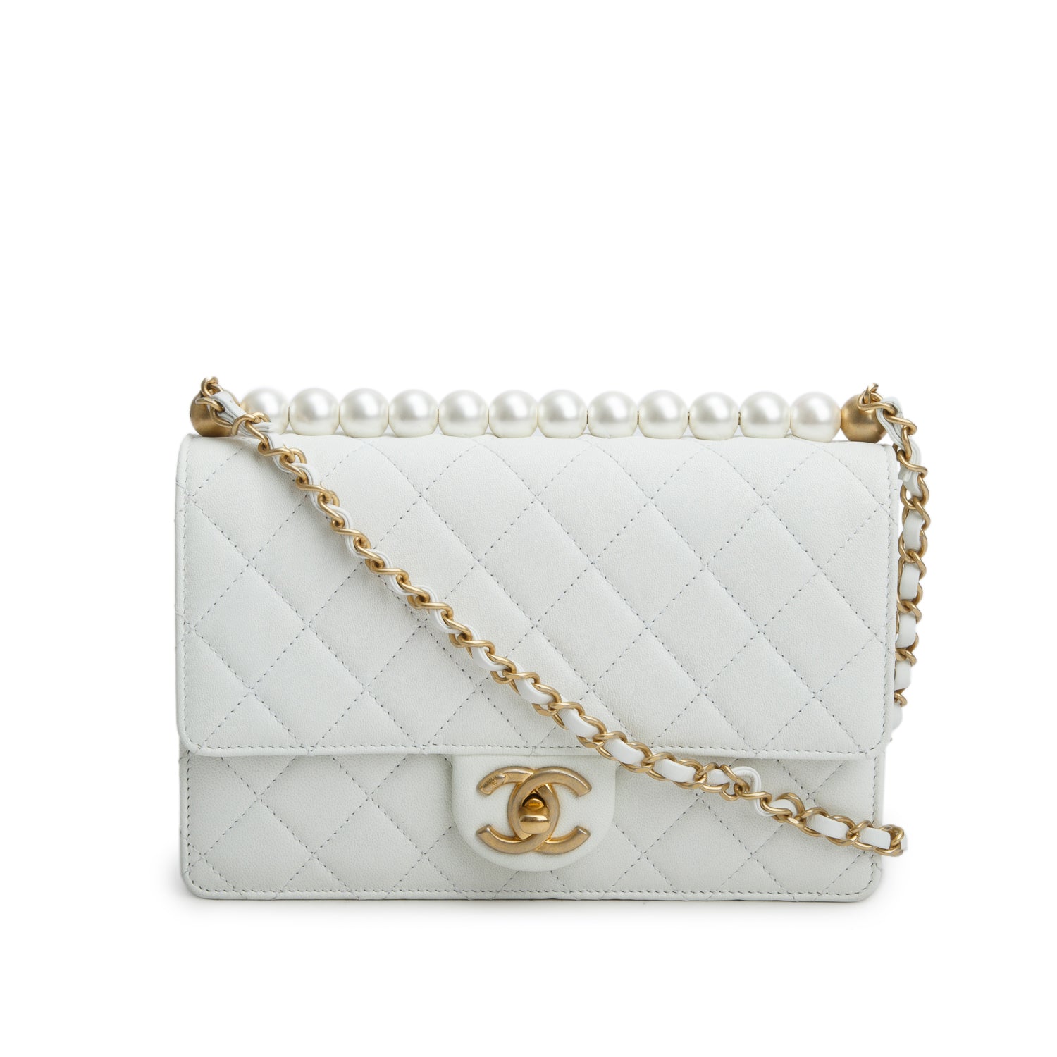 Chanel White Lambskin Quilted Small Chic Pearls Flap w/ Authenticity Card