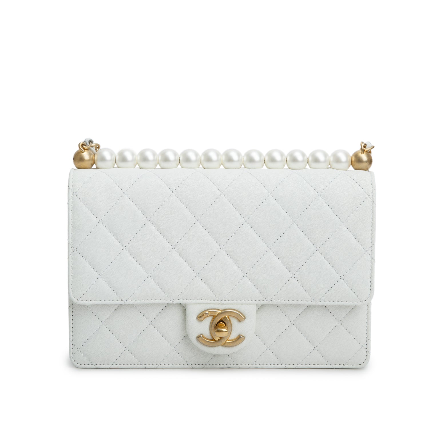 Chanel White Lambskin Quilted Small Chic Pearls Flap w/ Authenticity Card