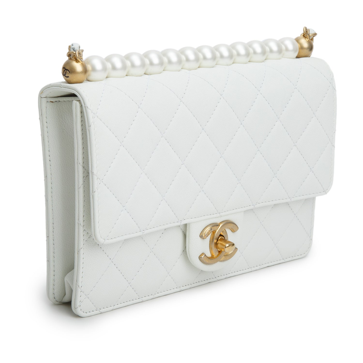 Chanel White Lambskin Quilted Small Chic Pearls Flap w/ Authenticity Card