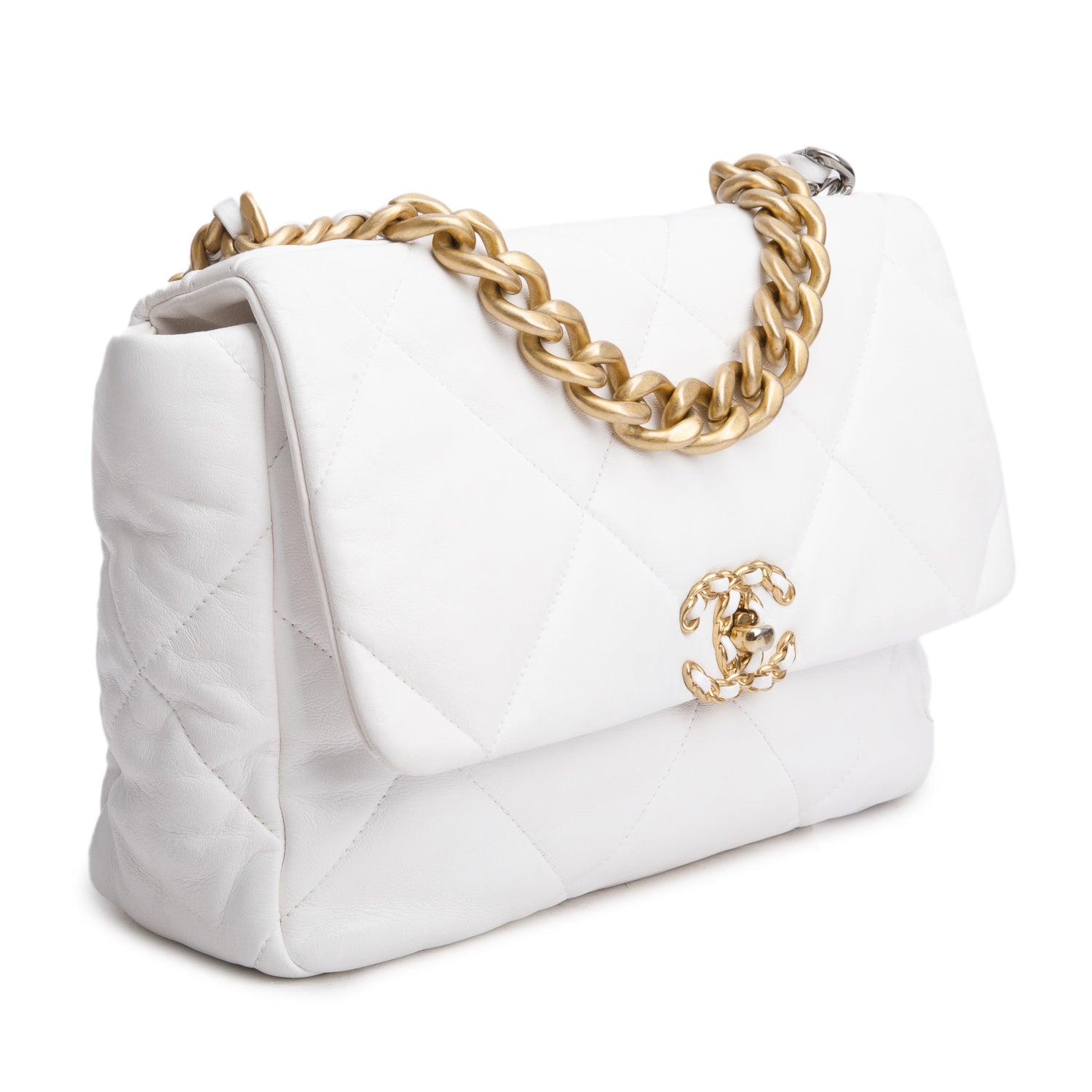 Chanel 2020 White Lambskin Quilted Large 19 Flap Bag