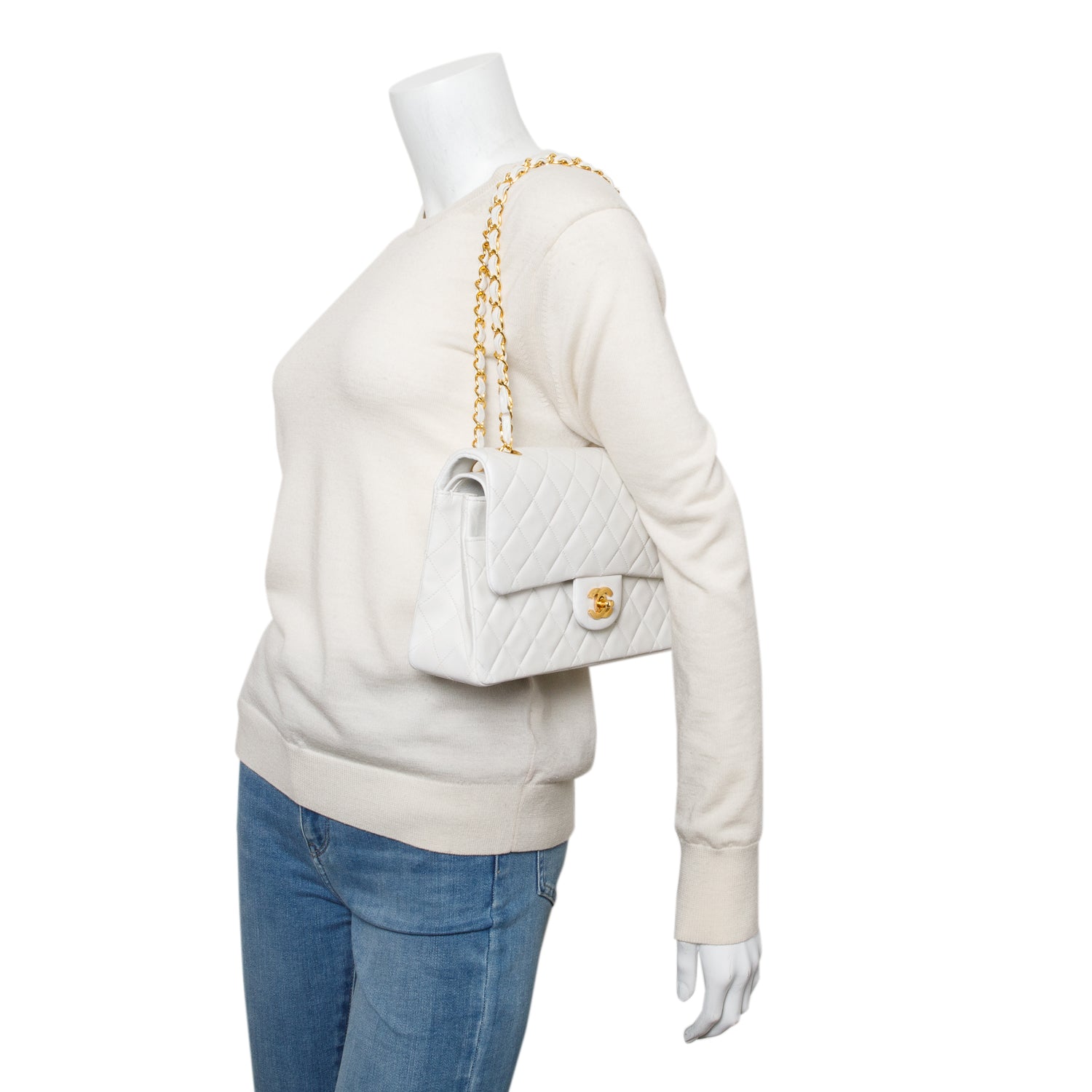 Chanel White Quilted Lambskin Leather Classic Medium Double Flap Bag