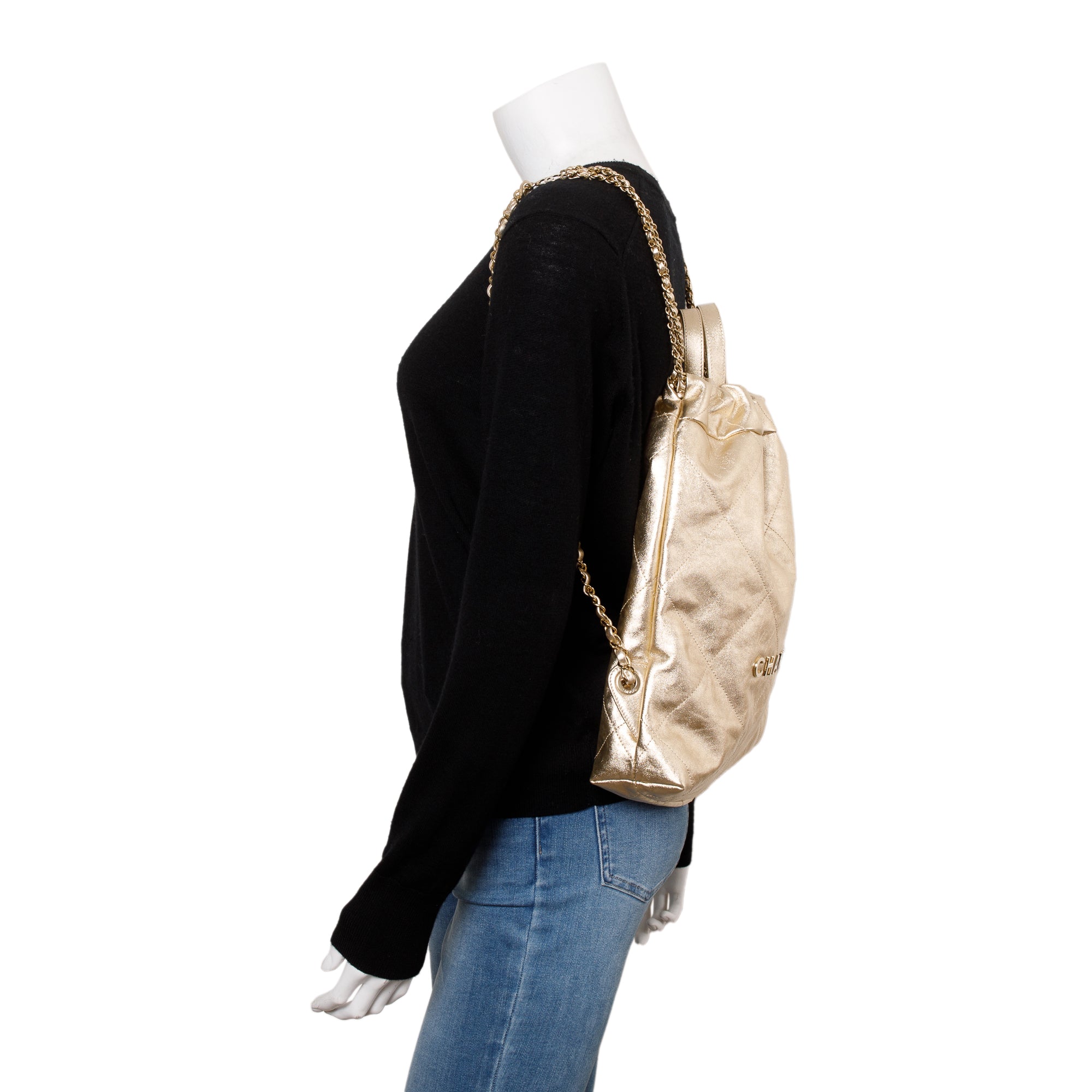 Channel 2024 Gold Metallic Calfskin Leather 22 Backpack w/ Box