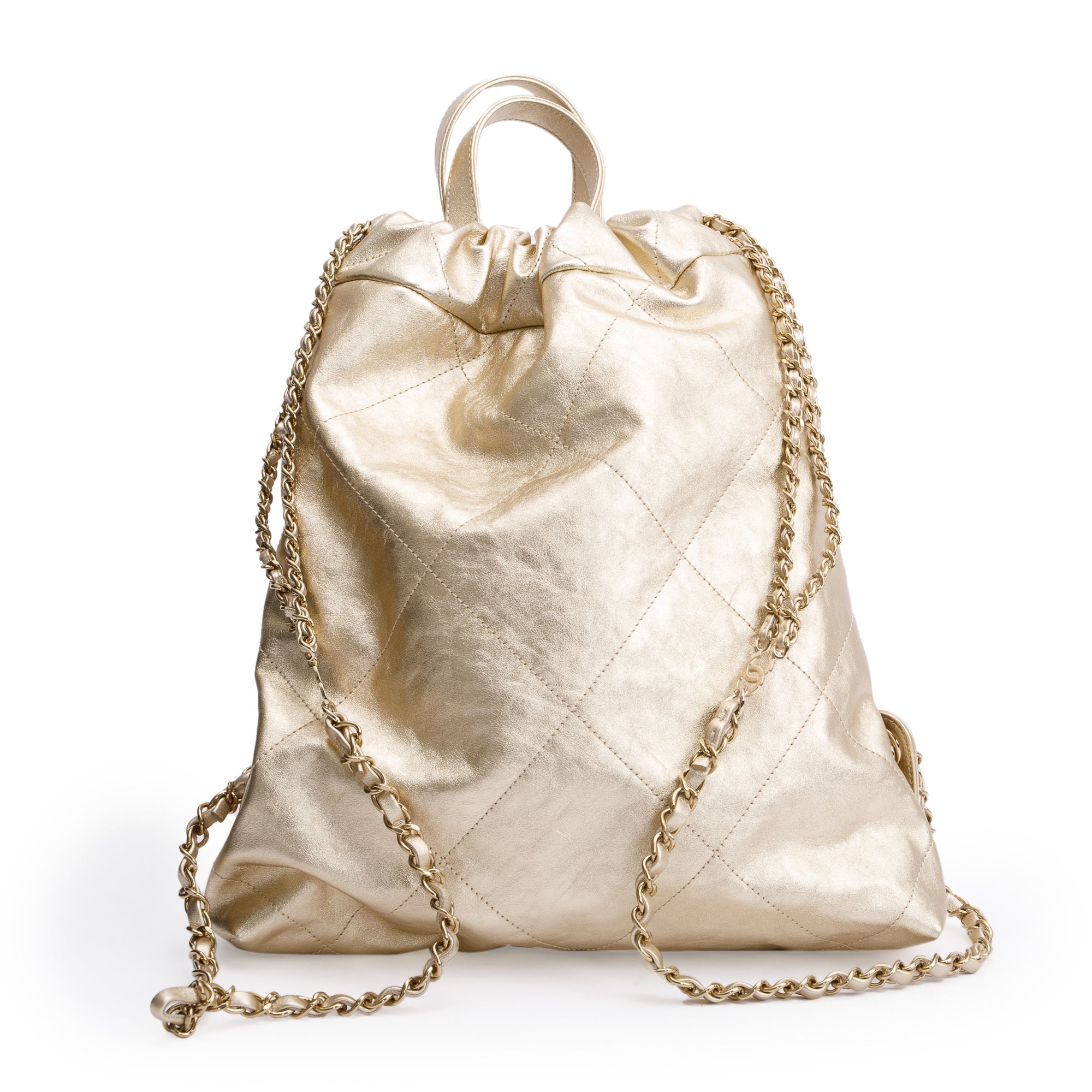 Channel 2024 Gold Metallic Calfskin Leather 22 Backpack w/ Box