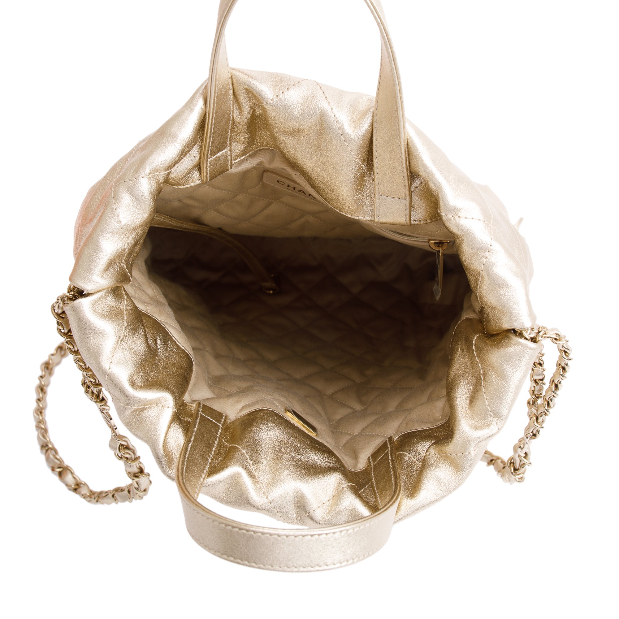 Channel 2024 Gold Metallic Calfskin Leather 22 Backpack w/ Box