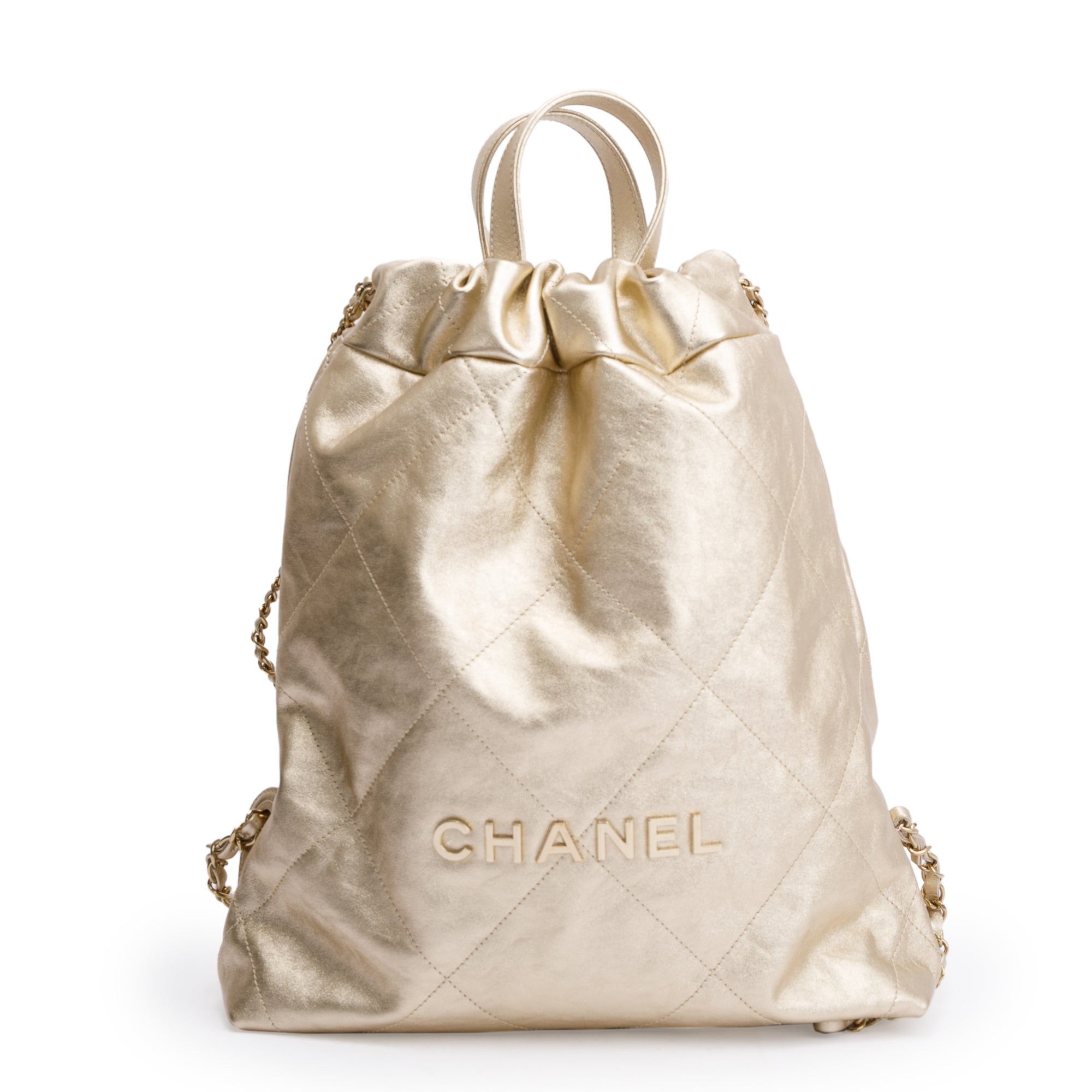 Channel 2024 Gold Metallic Calfskin Leather 22 Backpack w/ Box