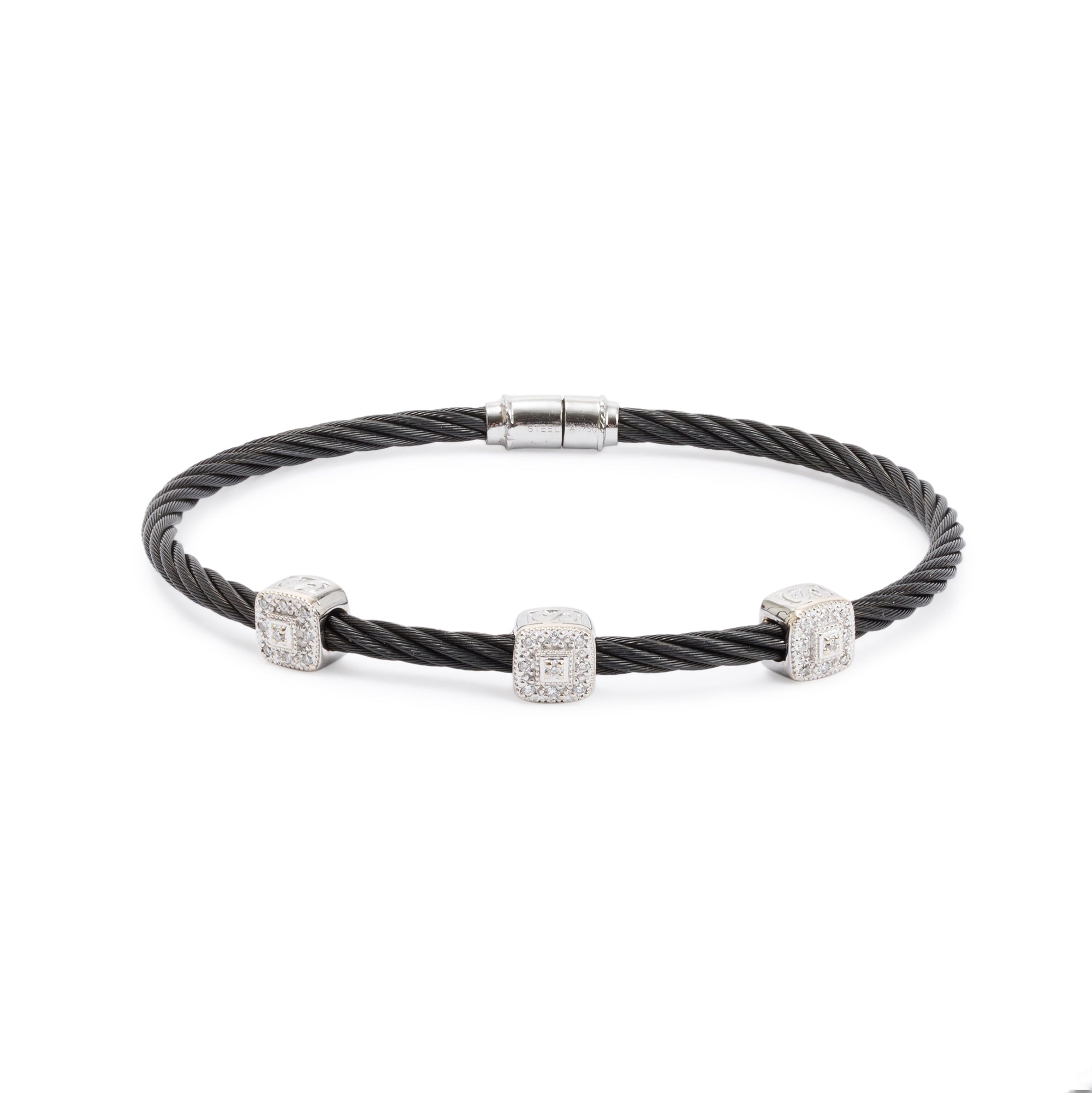 Charriol 18k White Gold & PVD Stainless Steel Diamond Celtic Noir Three Square Station Bracelet