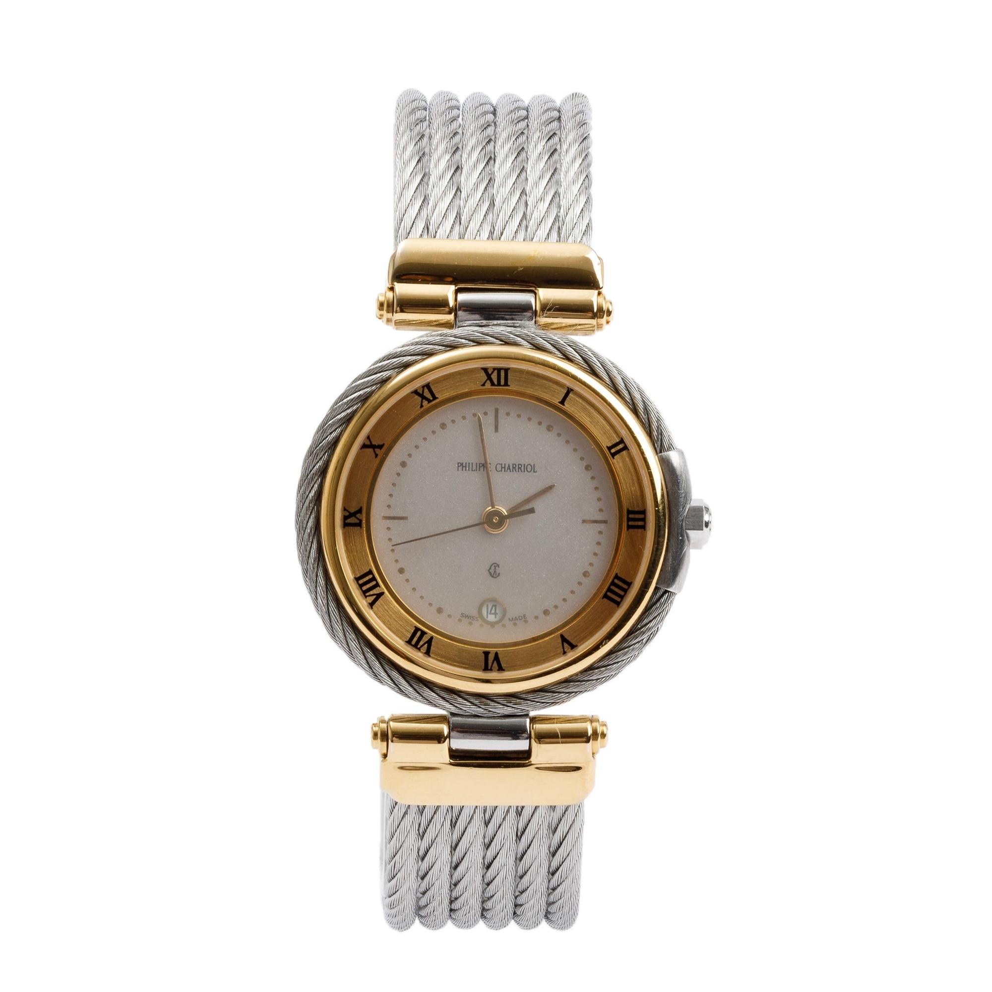 Charriol Stainless Steel & 18k Yellow Gold 30 MM Celtic Cable Watch w/ Case & Papers