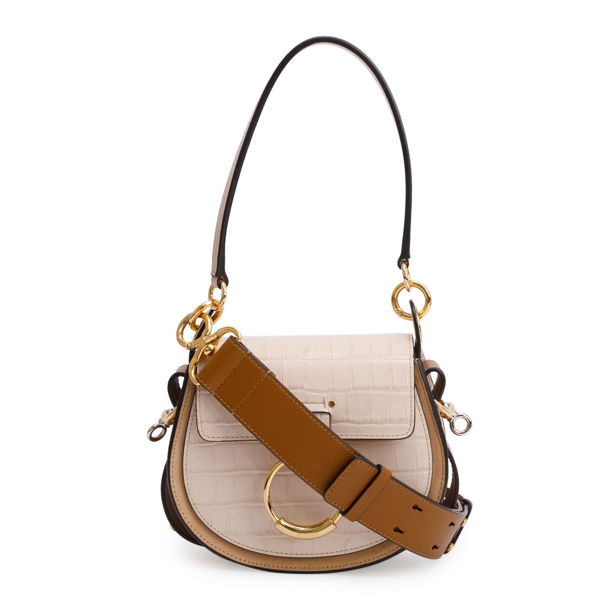 Chloe Beige Croc Embossed Calfskin Leather Tess Bag w/ Strap