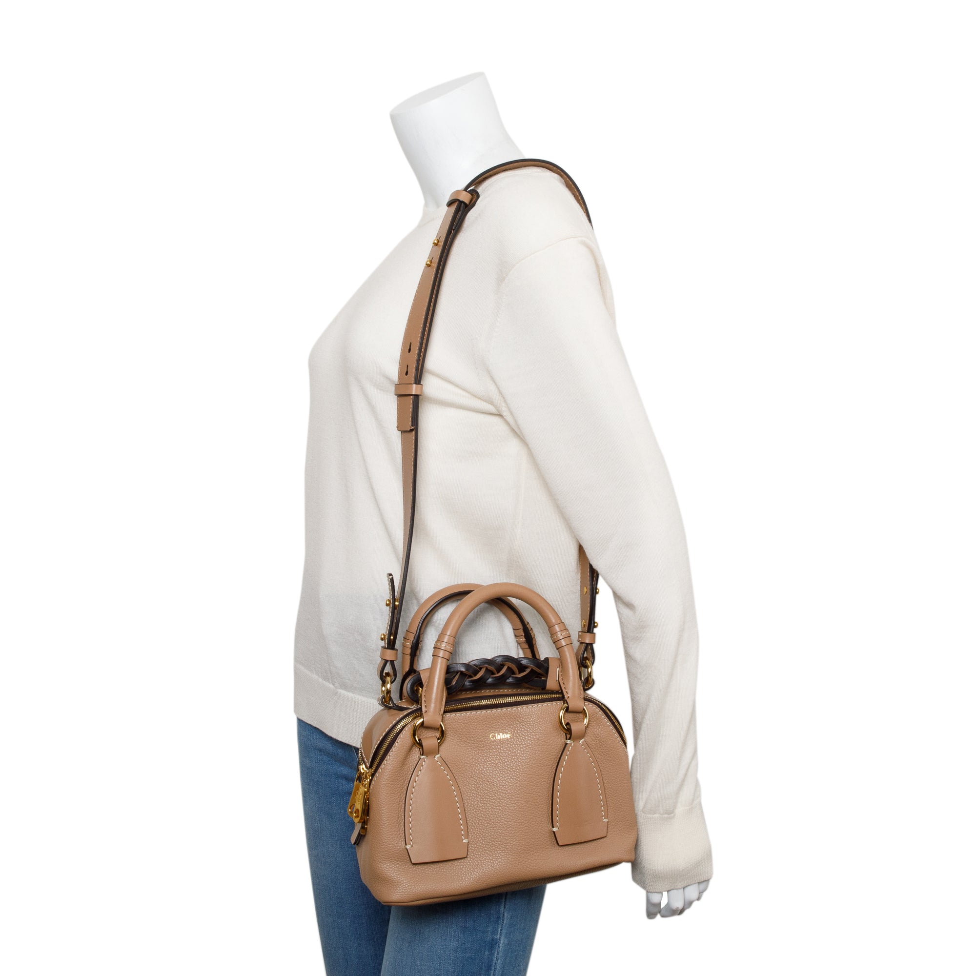 Chloe Beige Grained Calfskin Leather Small Daria Shoulder Bag
