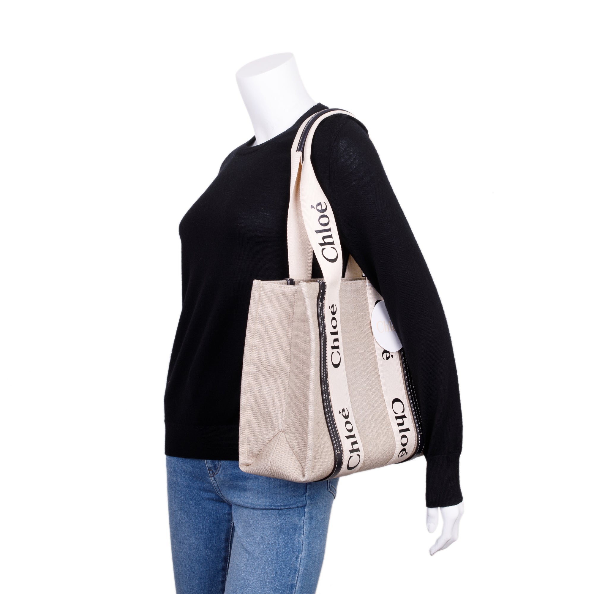 Chloe Beige/Blue Cotton Calfskin Canvas Medium Woody Shopping Tote