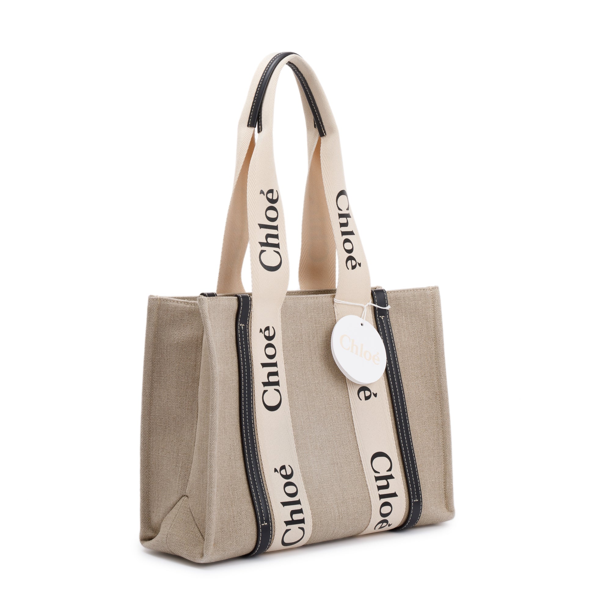 Chloe Beige/Blue Cotton Calfskin Canvas Medium Woody Shopping Tote