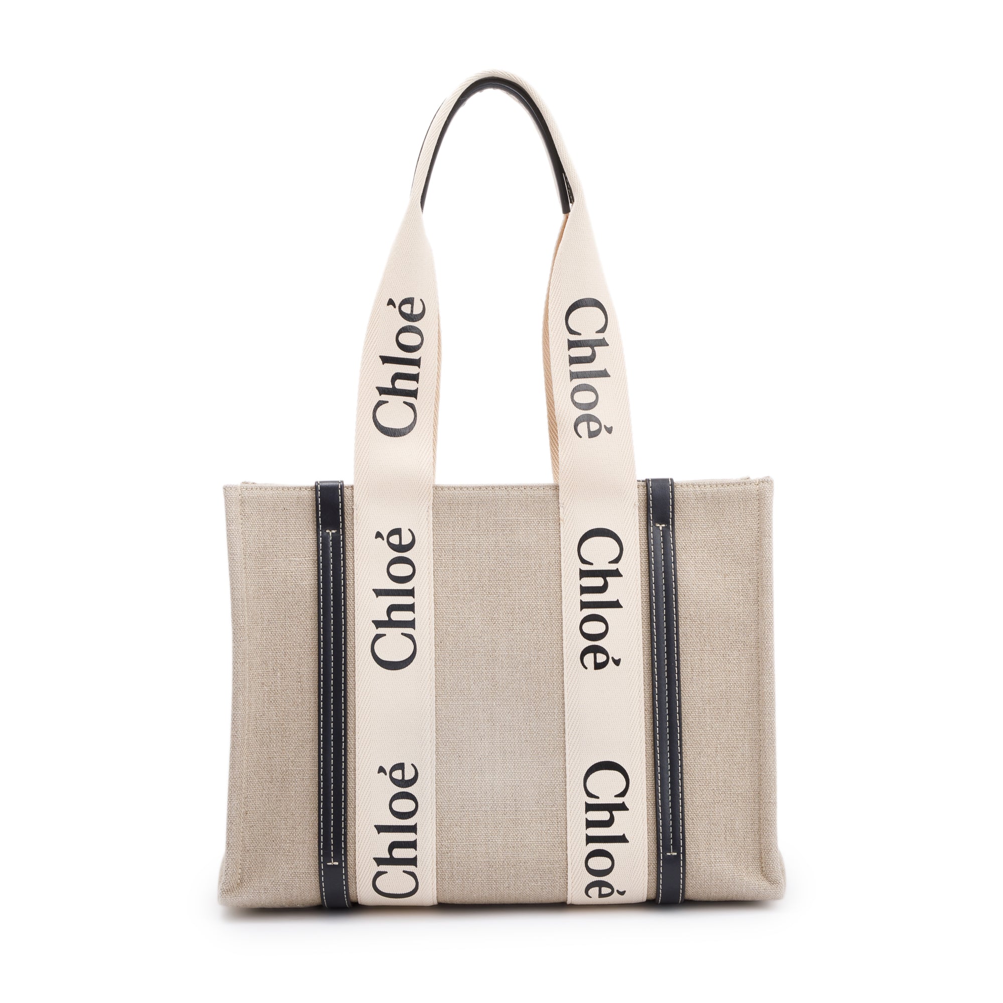 Chloe Beige/Blue Cotton Calfskin Canvas Medium Woody Shopping Tote