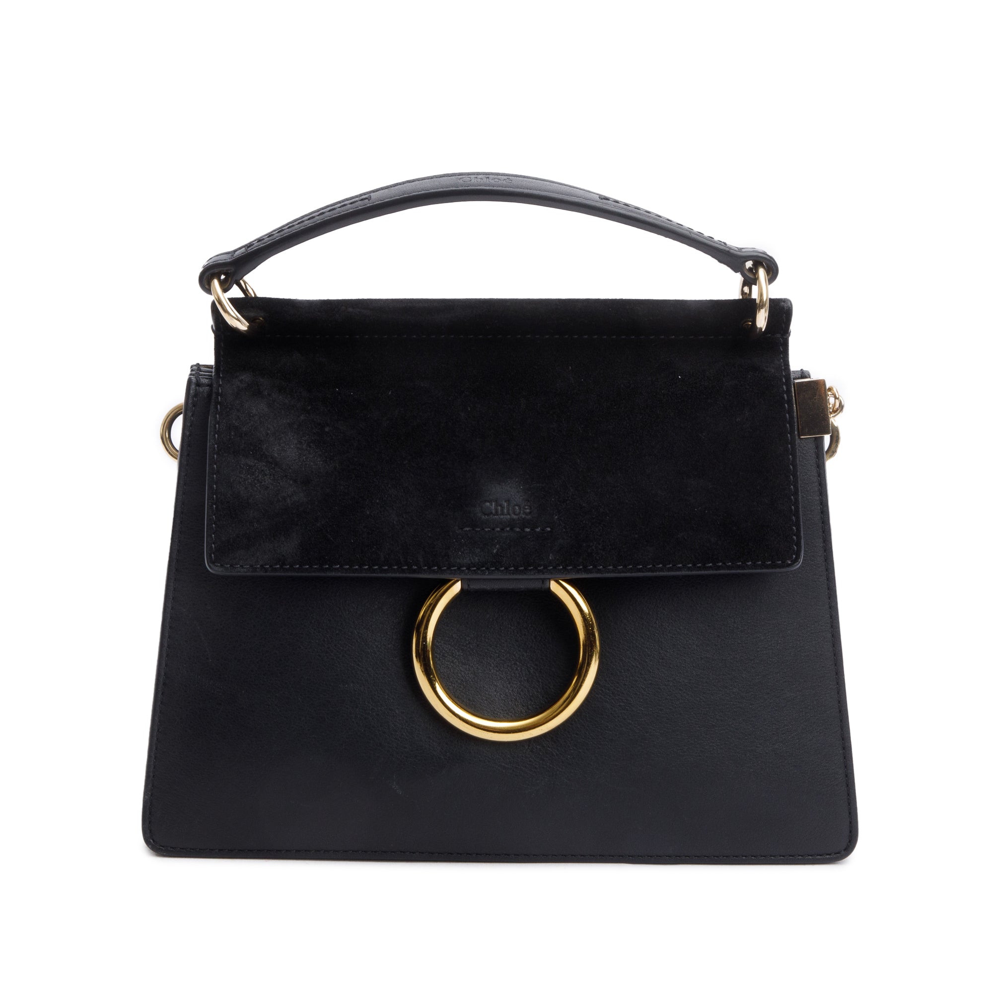 Chloe Black Suede & Calfskin Leather Small Faye Top Handle Bag w/ Strap