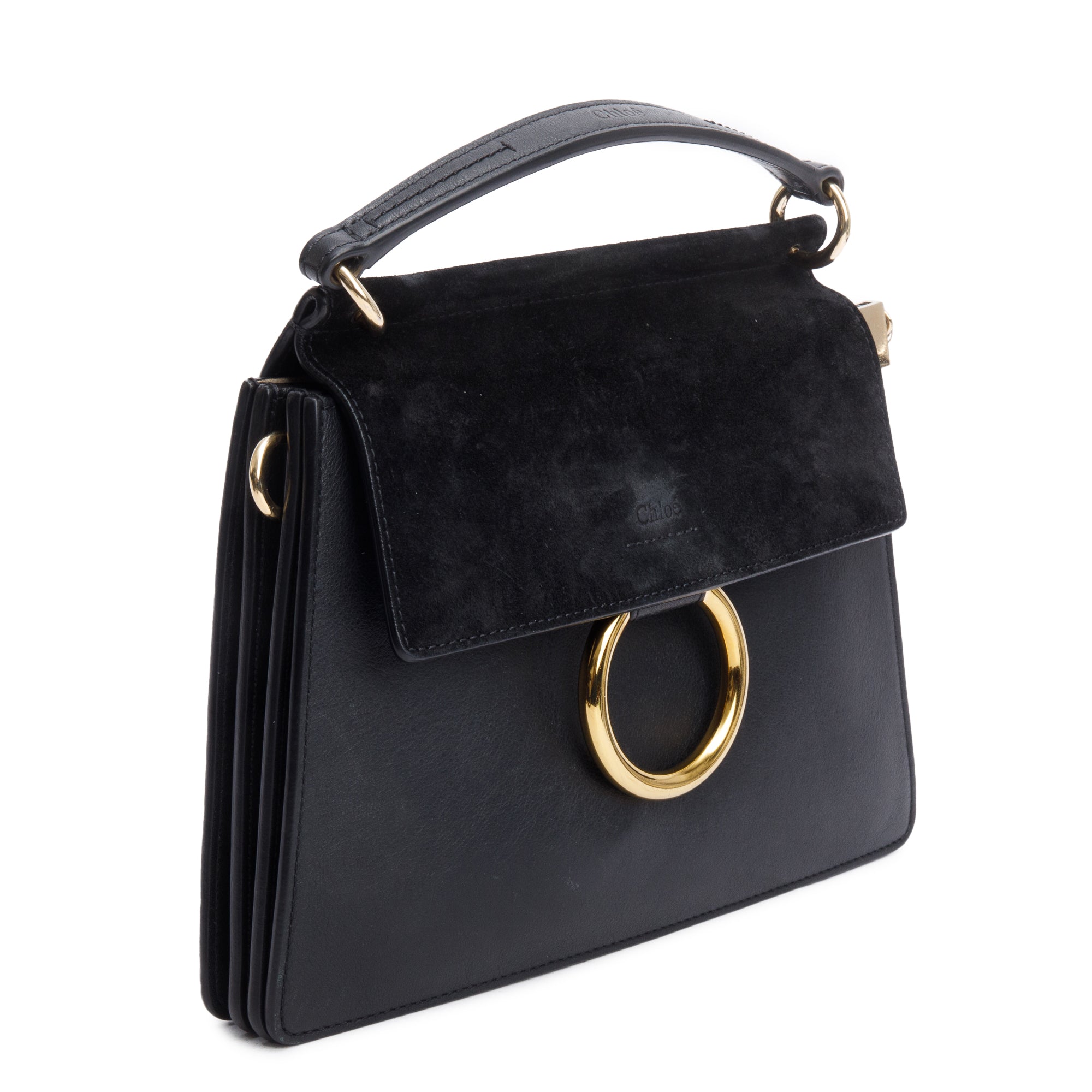 Chloe Black Suede & Calfskin Leather Small Faye Top Handle Bag w/ Strap