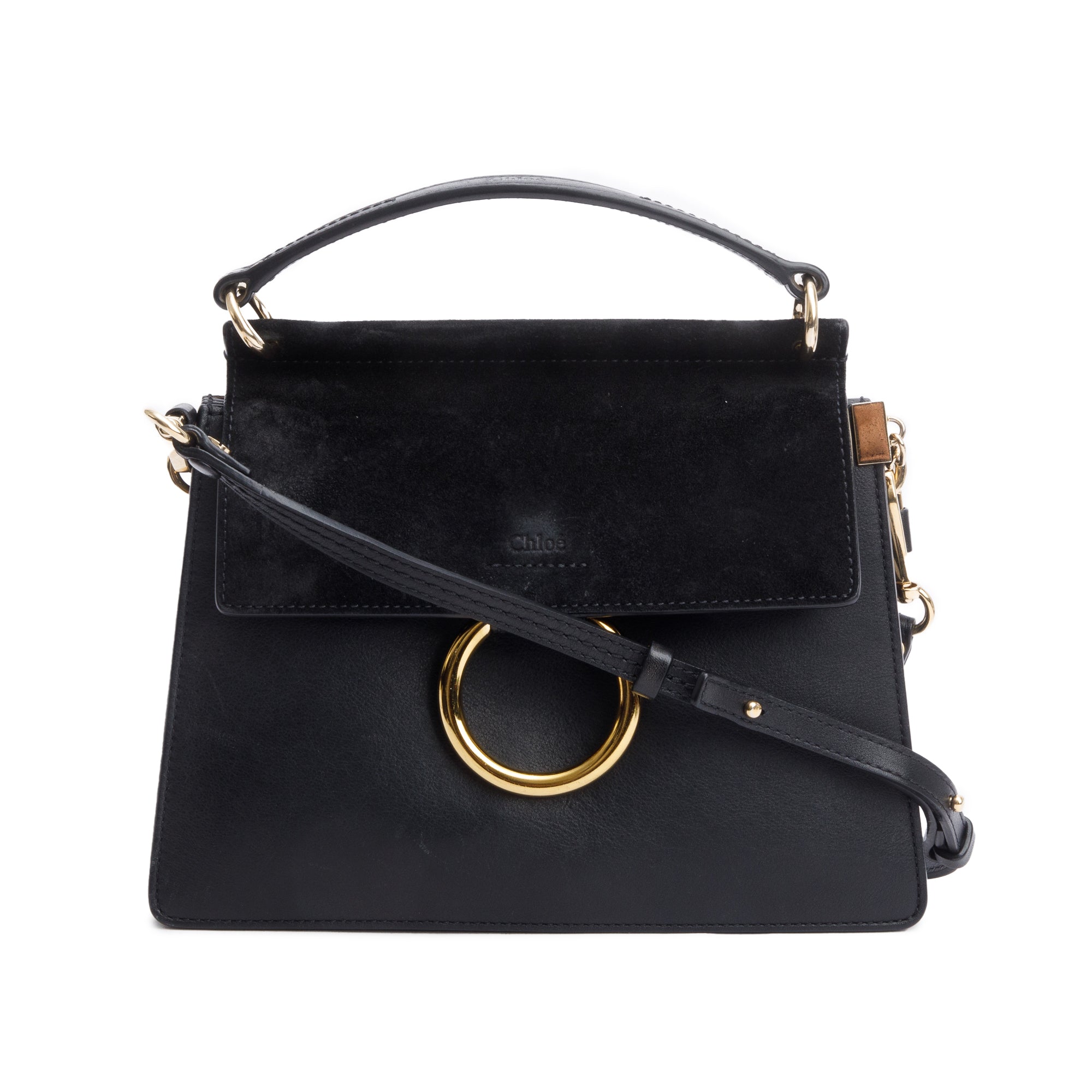 Chloe Black Suede & Calfskin Leather Small Faye Top Handle Bag w/ Strap