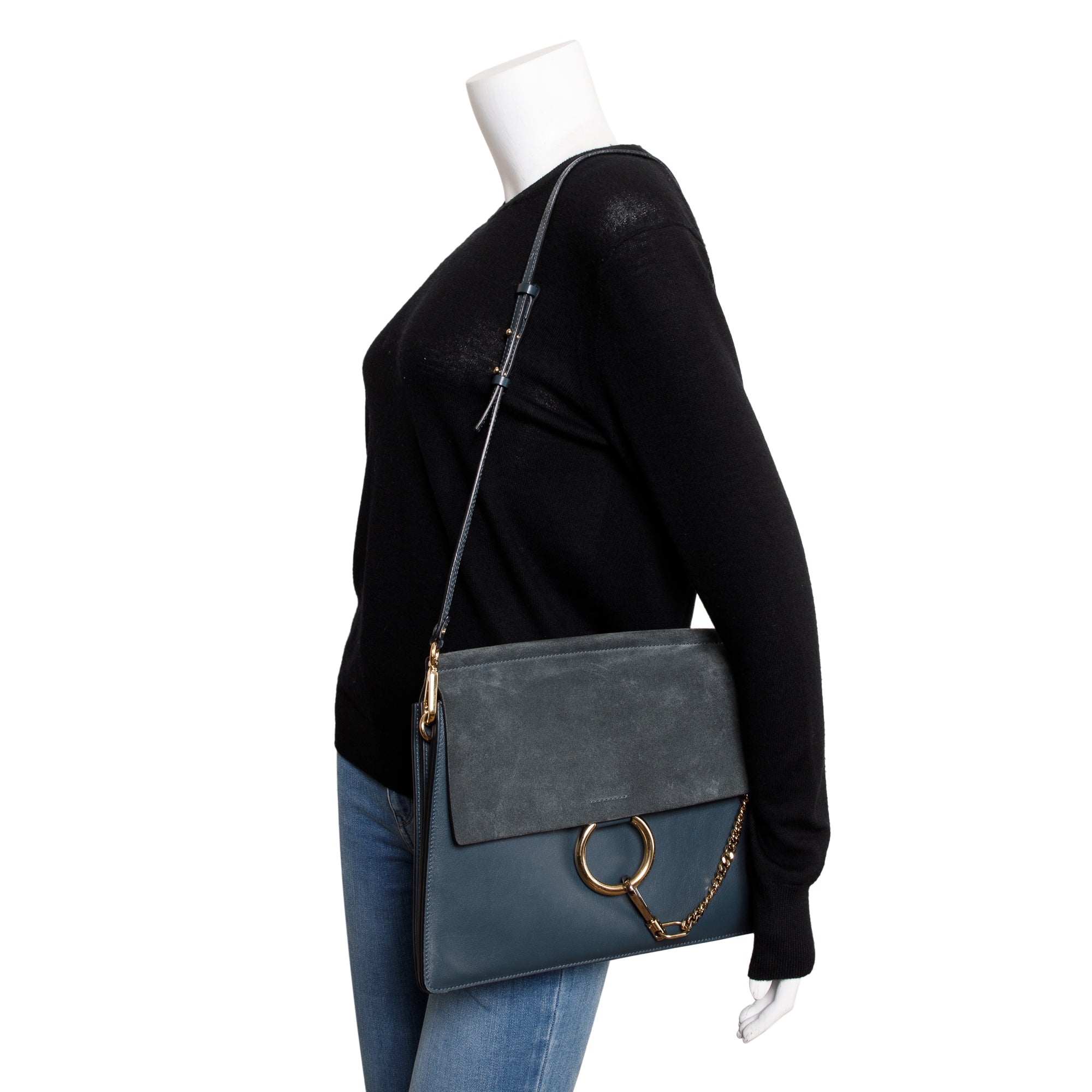 Chloe Blue Suede & Calfskin Leather Medium Faye Shoulder Bag