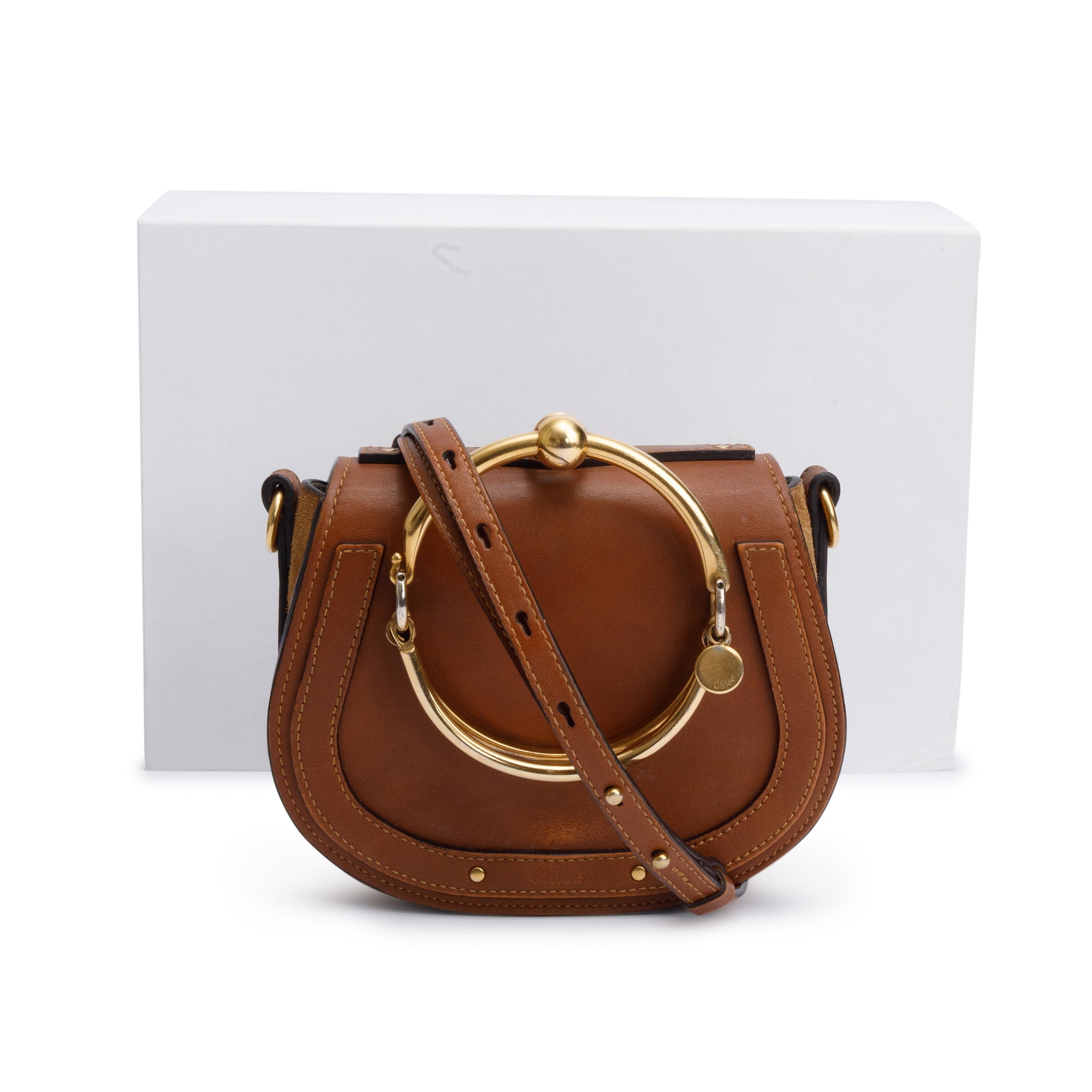Chloe Brown Calfskin Leather Small Nile Bracelet Crossbody Bag w/ Box