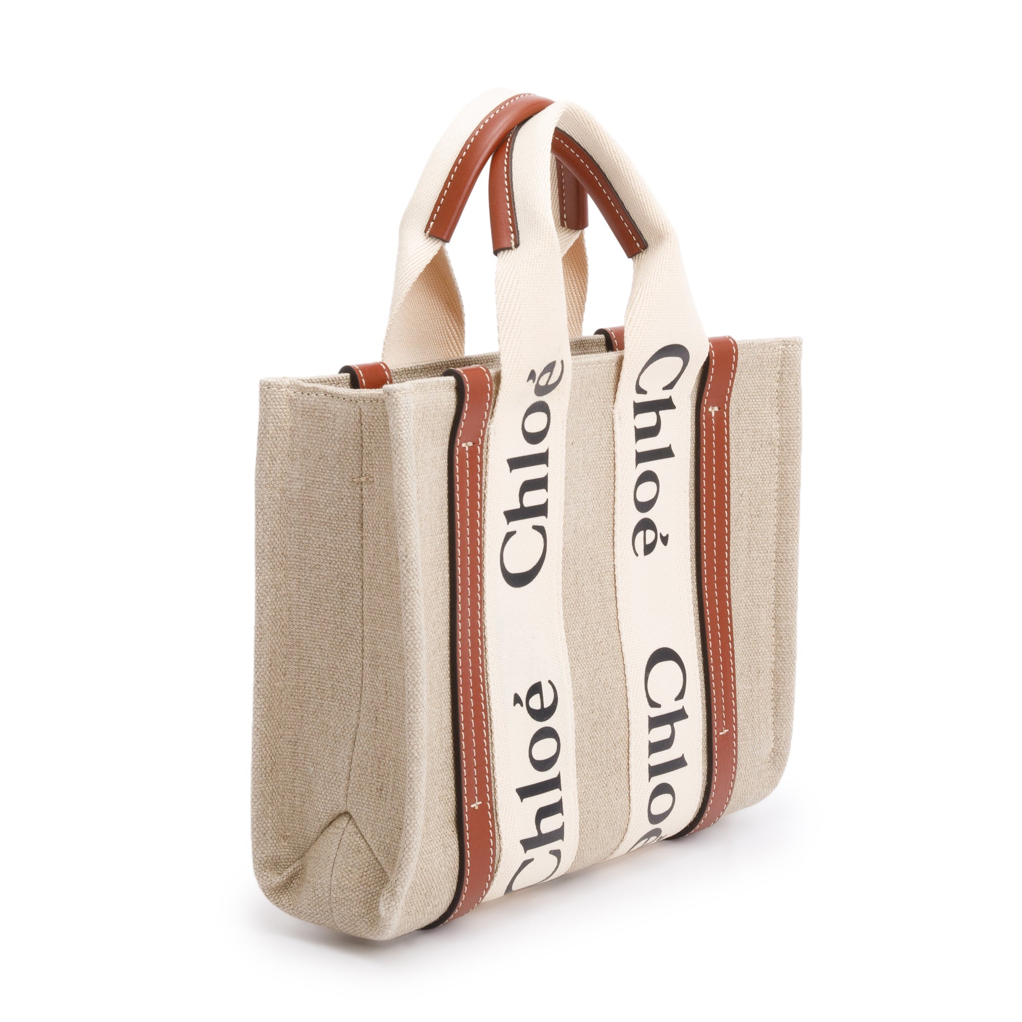 Chloe Brown/White Linen Calfskin Small Woody Ribbon Tote w/ Strap