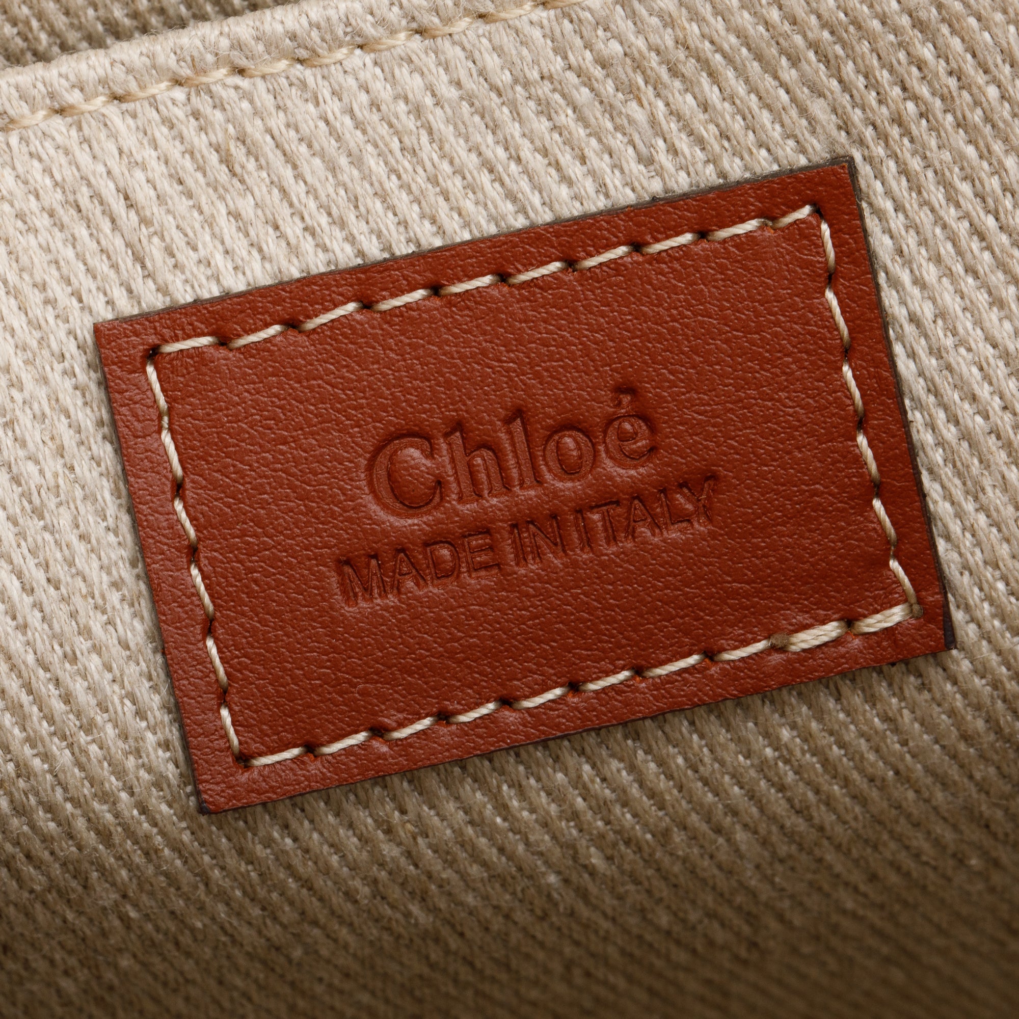 Chloe Brown/White Linen Calfskin Small Woody Ribbon Tote w/ Strap