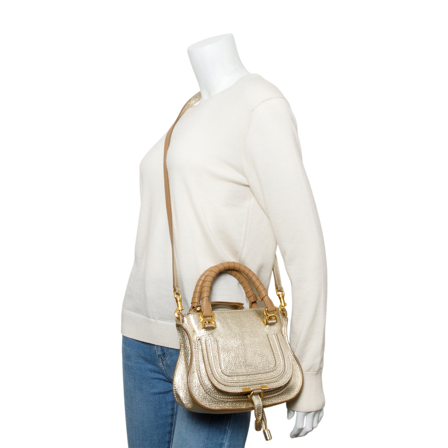 Chloe Metallic Gold Calfskin Leather Mini Marcie Shoulder Bag w/ Strap