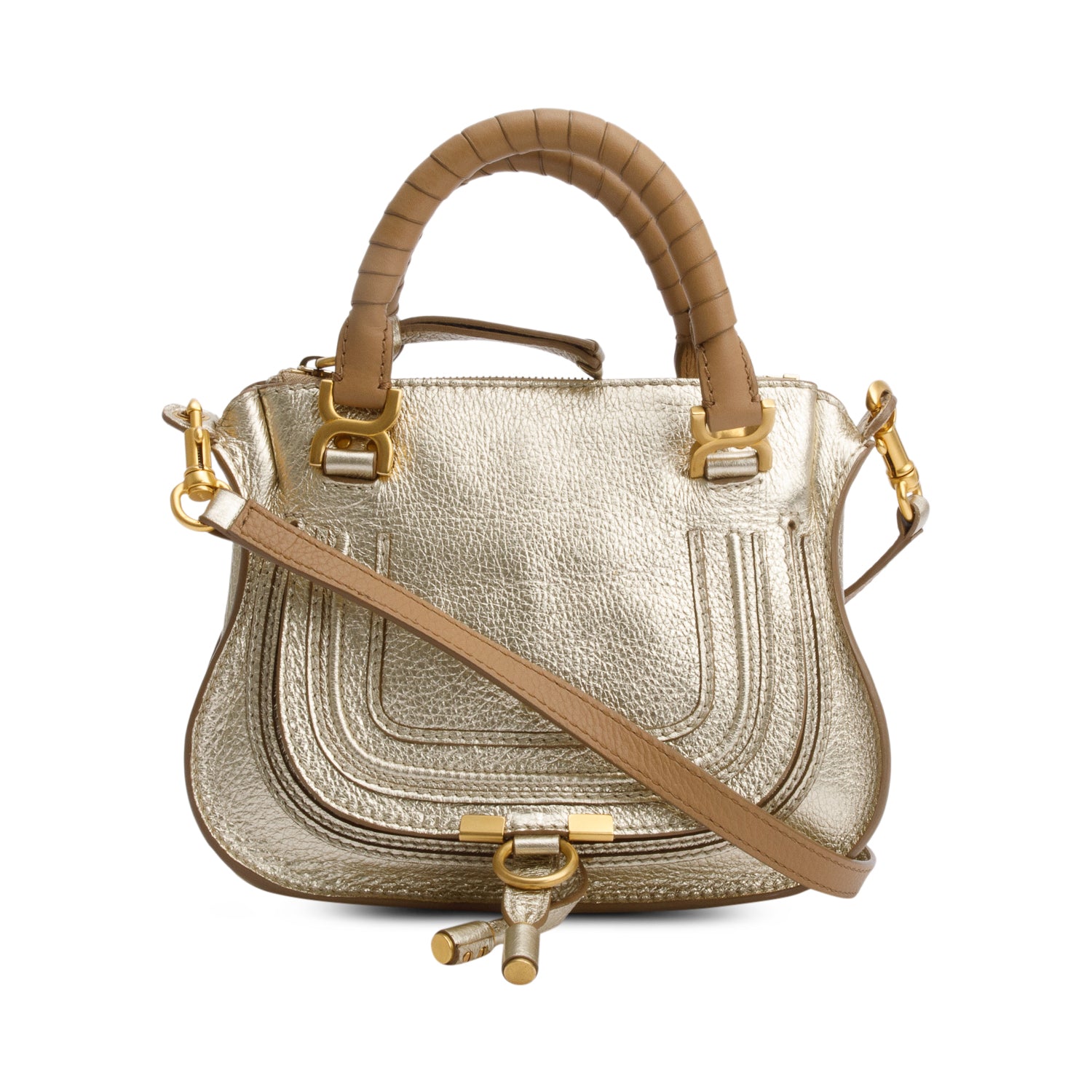 Chloe Metallic Gold Calfskin Leather Mini Marcie Shoulder Bag w/ Strap