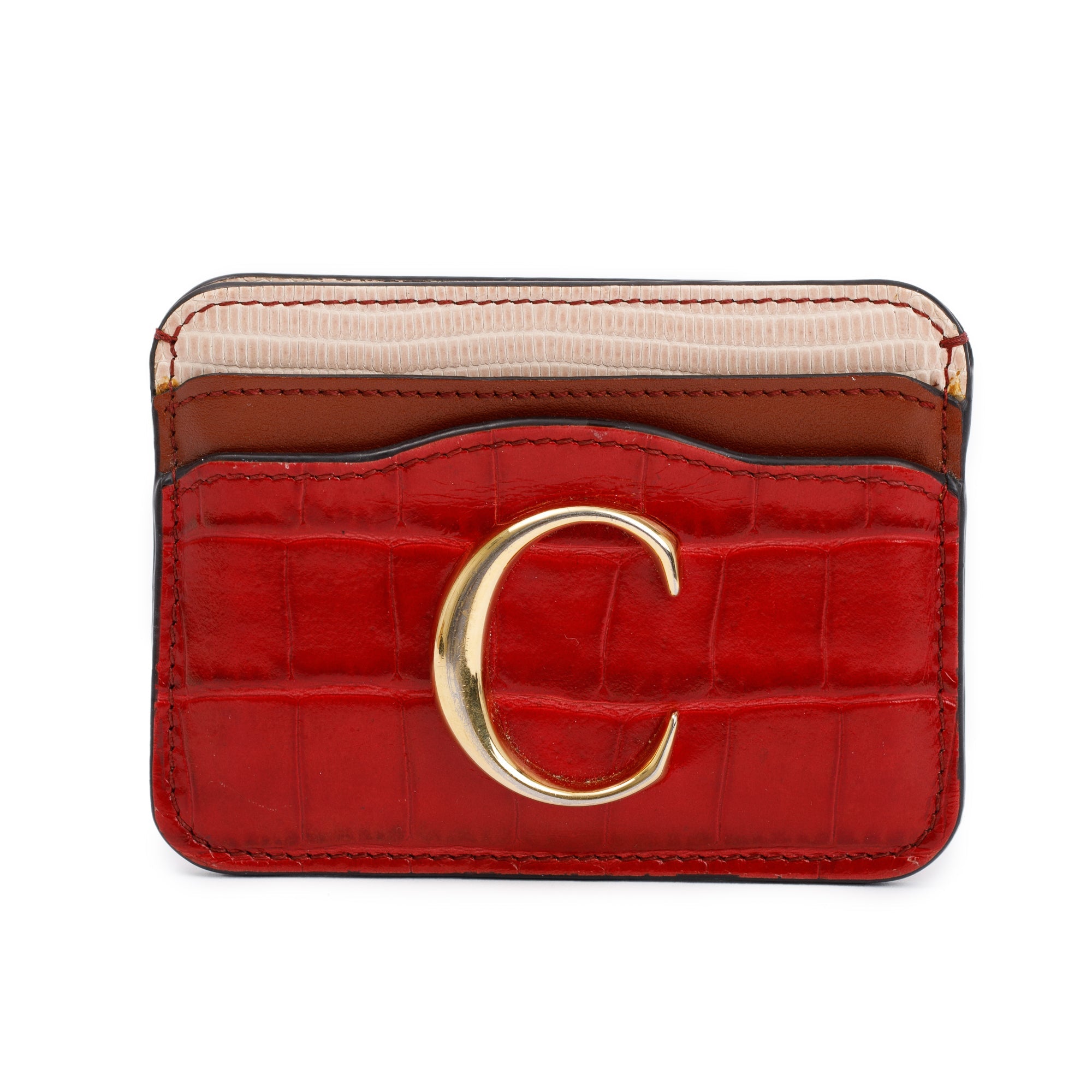 Chloe Red Crocodile Embossed Calfskin Leather C Card Holder