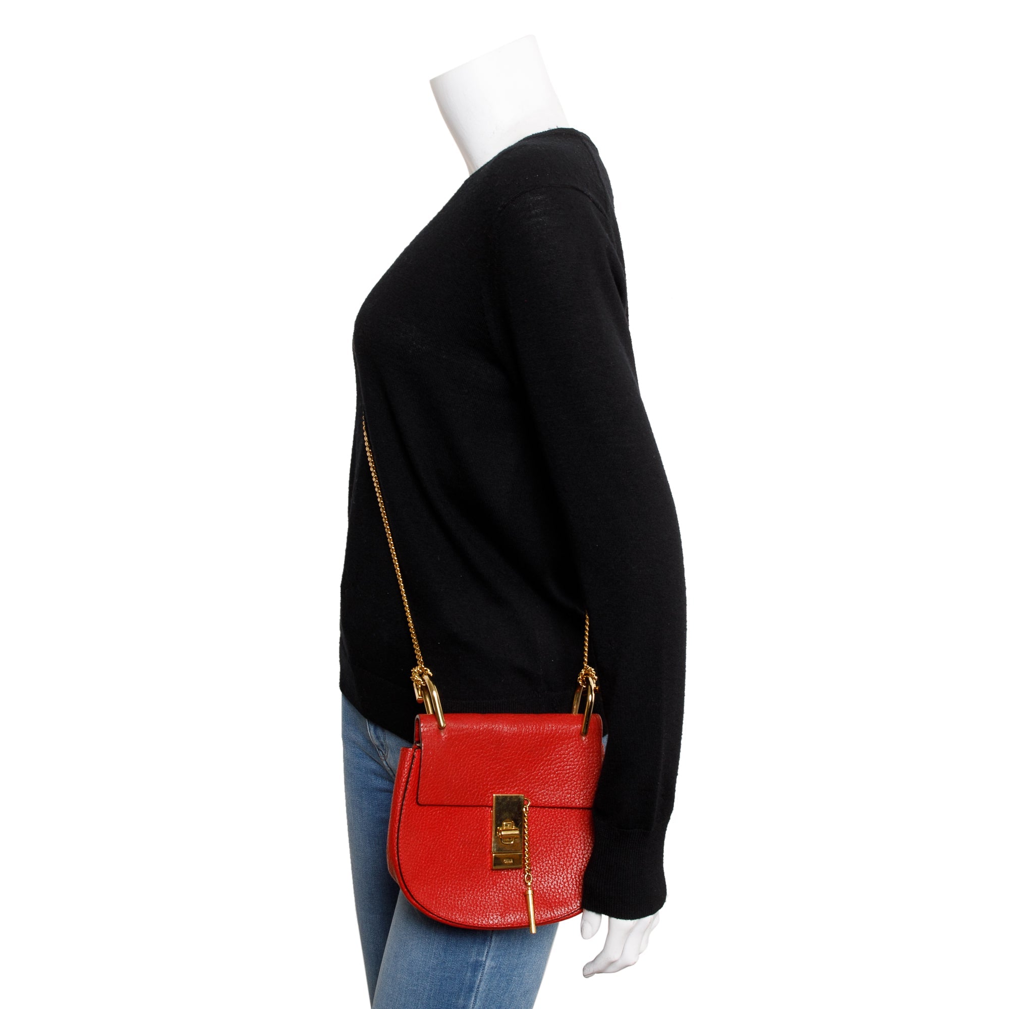 Chloe Red Grained Calfskin Leather Mini Drew Crossbody Bag