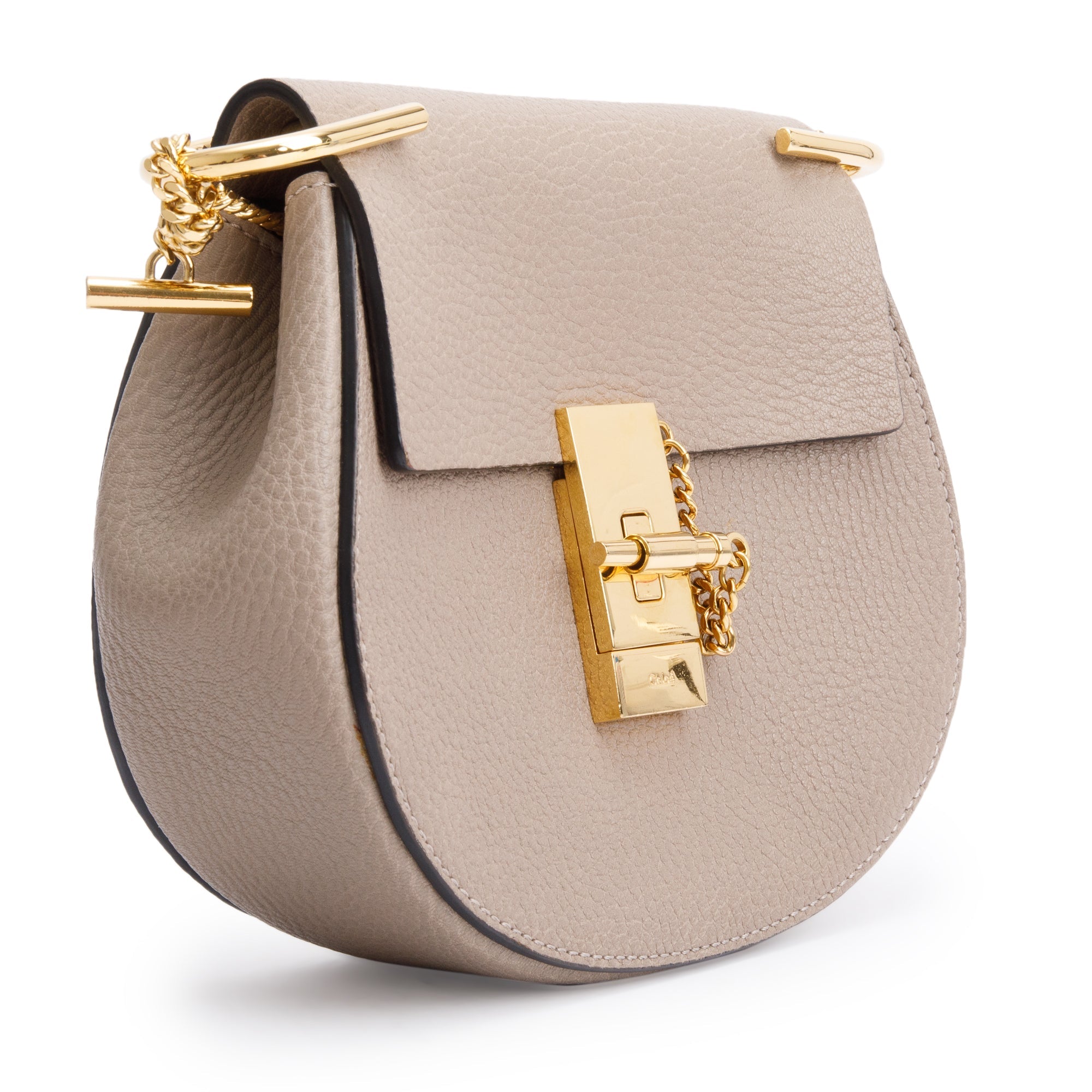 Chloe Taupe Grained Calfskin Leather Mini Drew Crossbody Bag