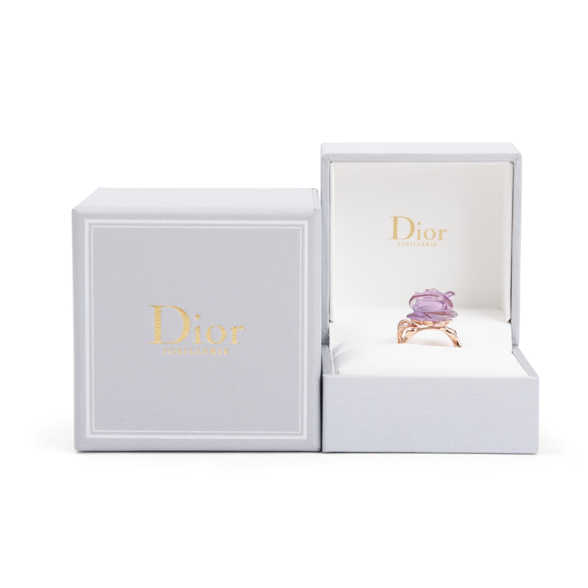 Christian Dior 18k Rose Gold Amethyst Small Rose Dior Pre Catelan Ring, Size 53 6.5 w/ Box