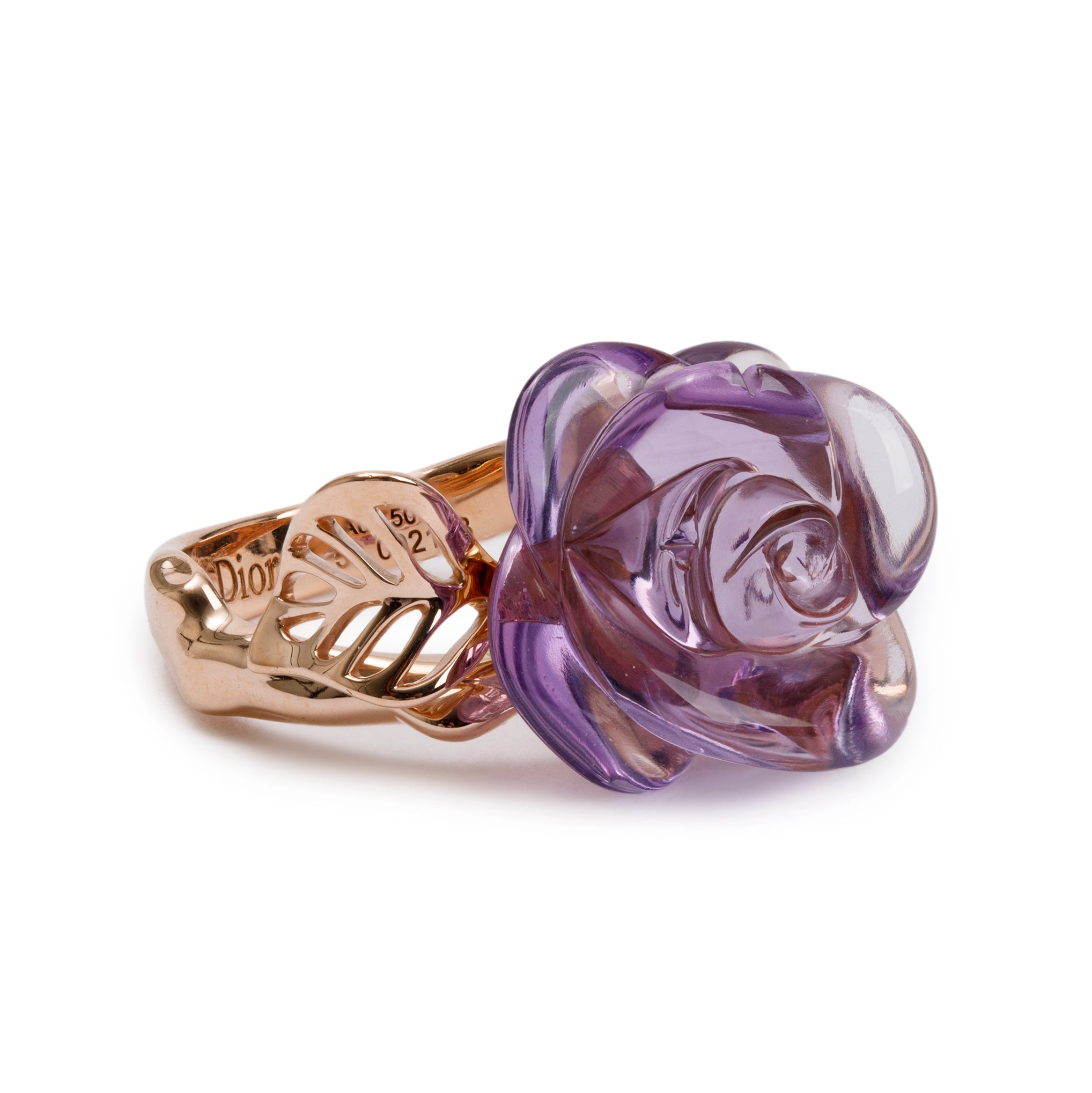 Christian Dior 18k Rose Gold Amethyst Small Rose Dior Pre Catelan Ring, Size 53 6.5 w/ Box