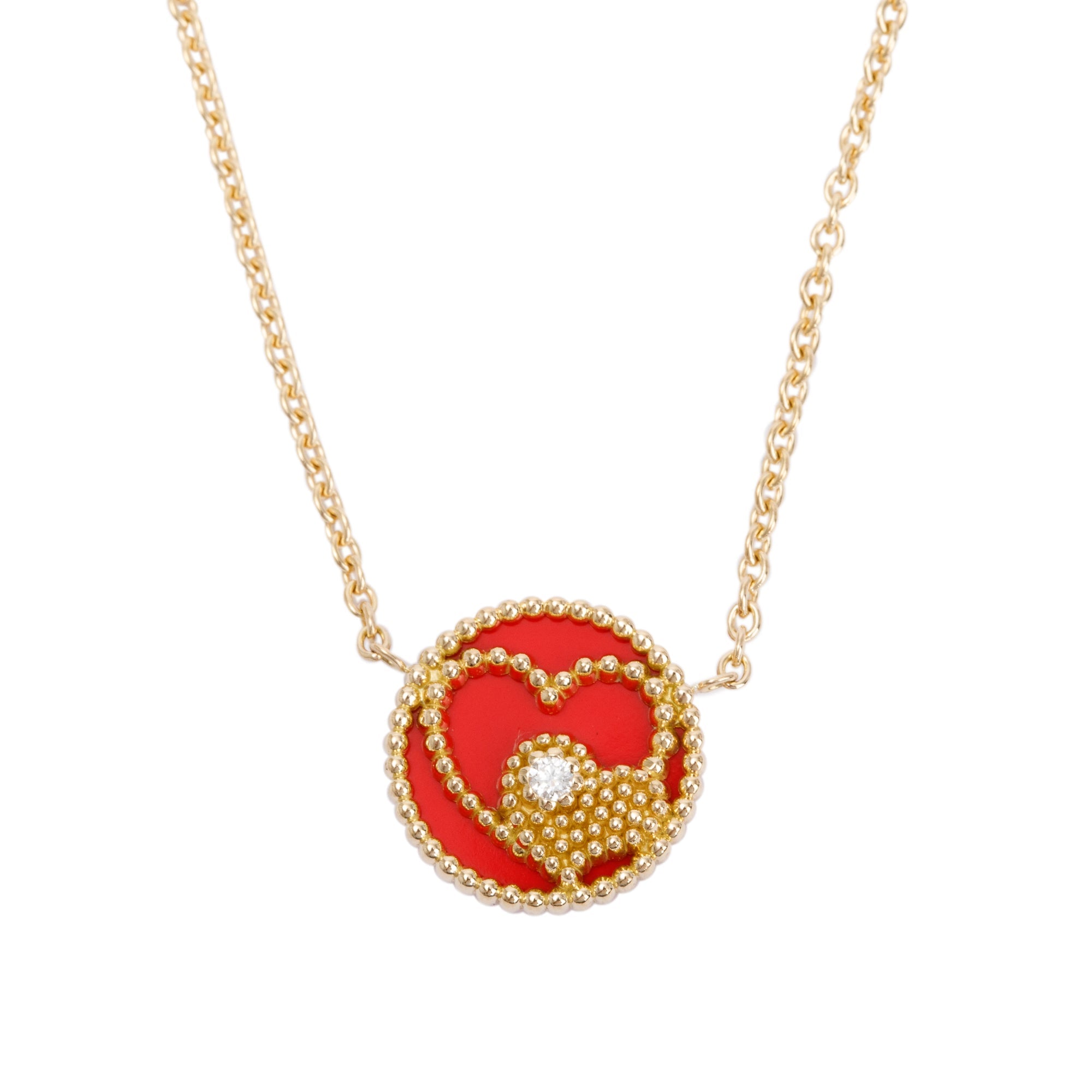 Christian Dior 18k Yellow Gold Diamond Red Ceramic Rose Des Vents Heart Motif Pendant Necklace